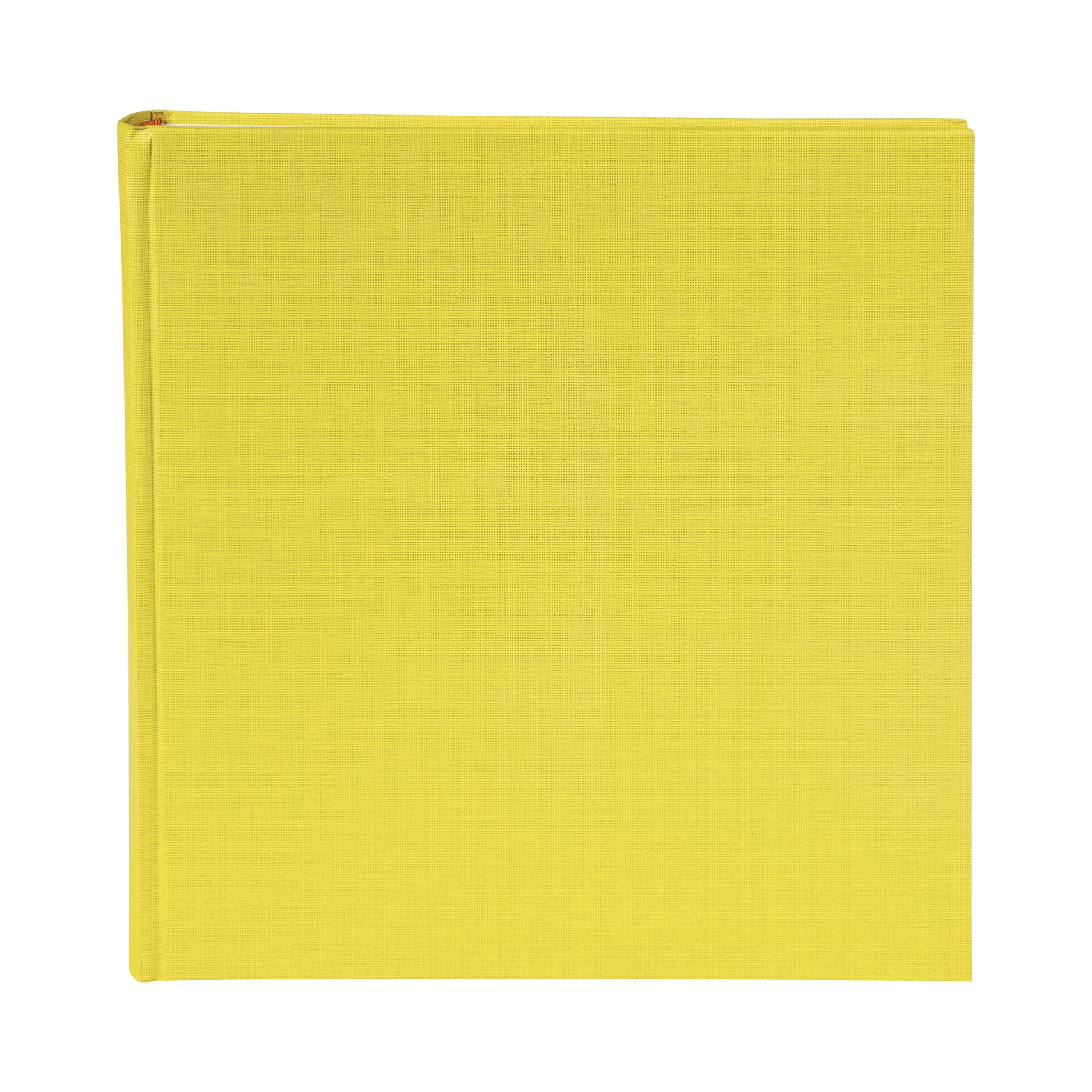 A yellow Goldbuch photo album resting on a white background, showcasing its vibrant color and sleek design.