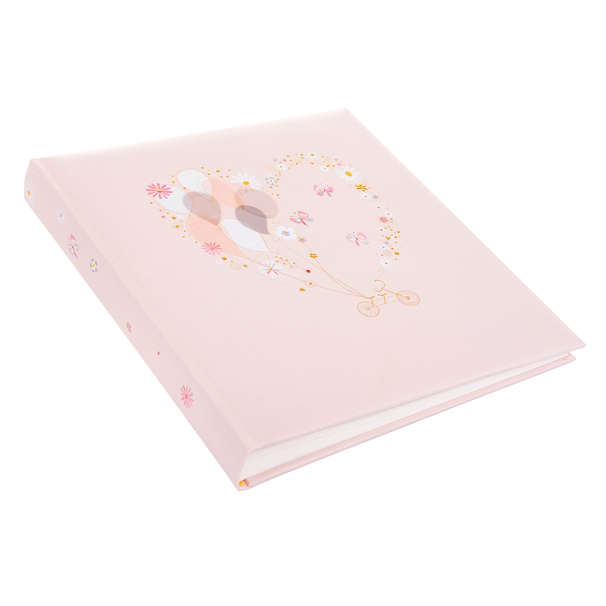 A pink Goldbuch wedding photo album with a heart-shaped balloon and flowers, symbolizing love and celebration.