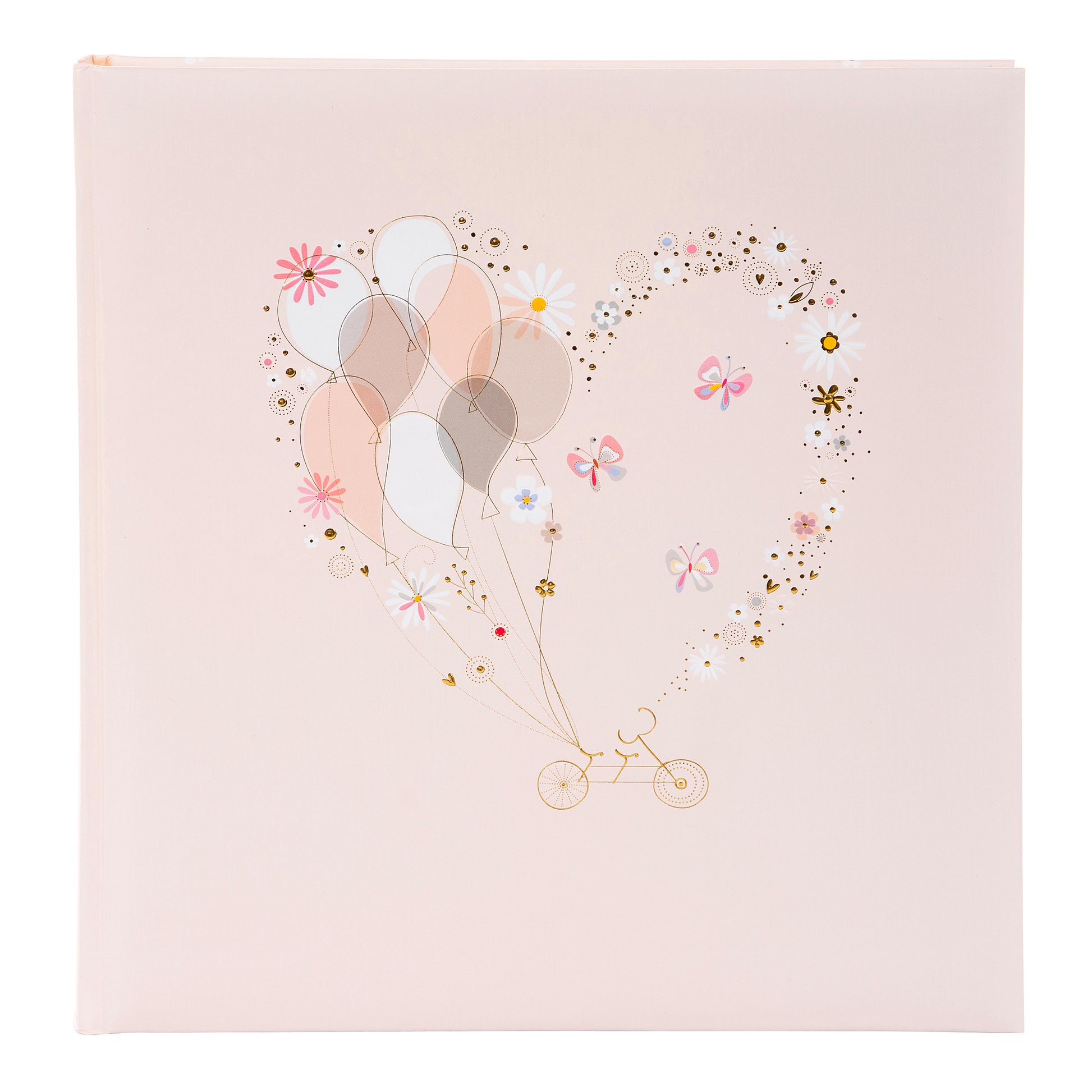 A pink Goldbuch wedding photo album with a heart-shaped balloon and flowers, symbolizing love and celebration.