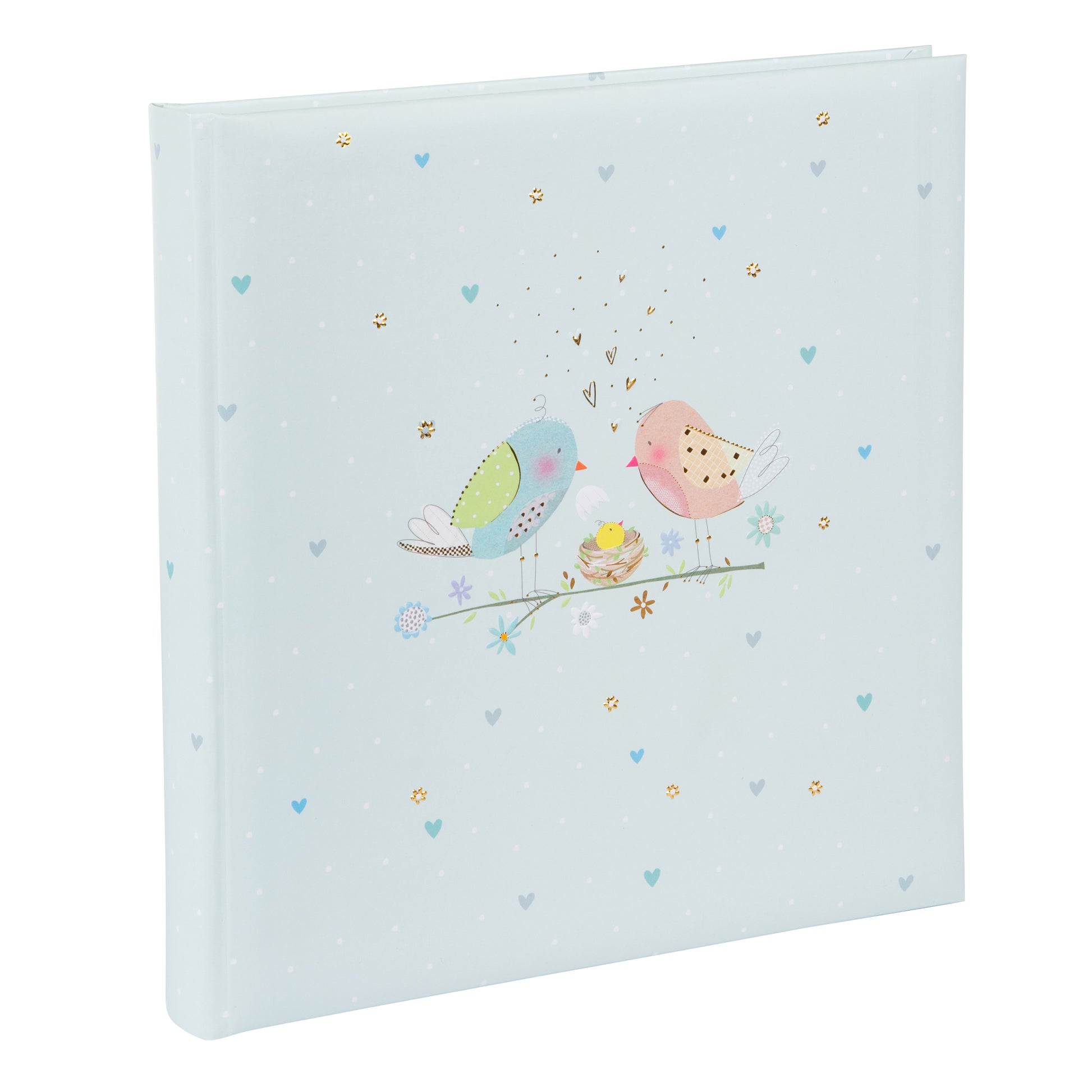 A blue Goldbuch photo album adorned with two birds and a baby bird, perfect for storing cherished memories in a photo album.