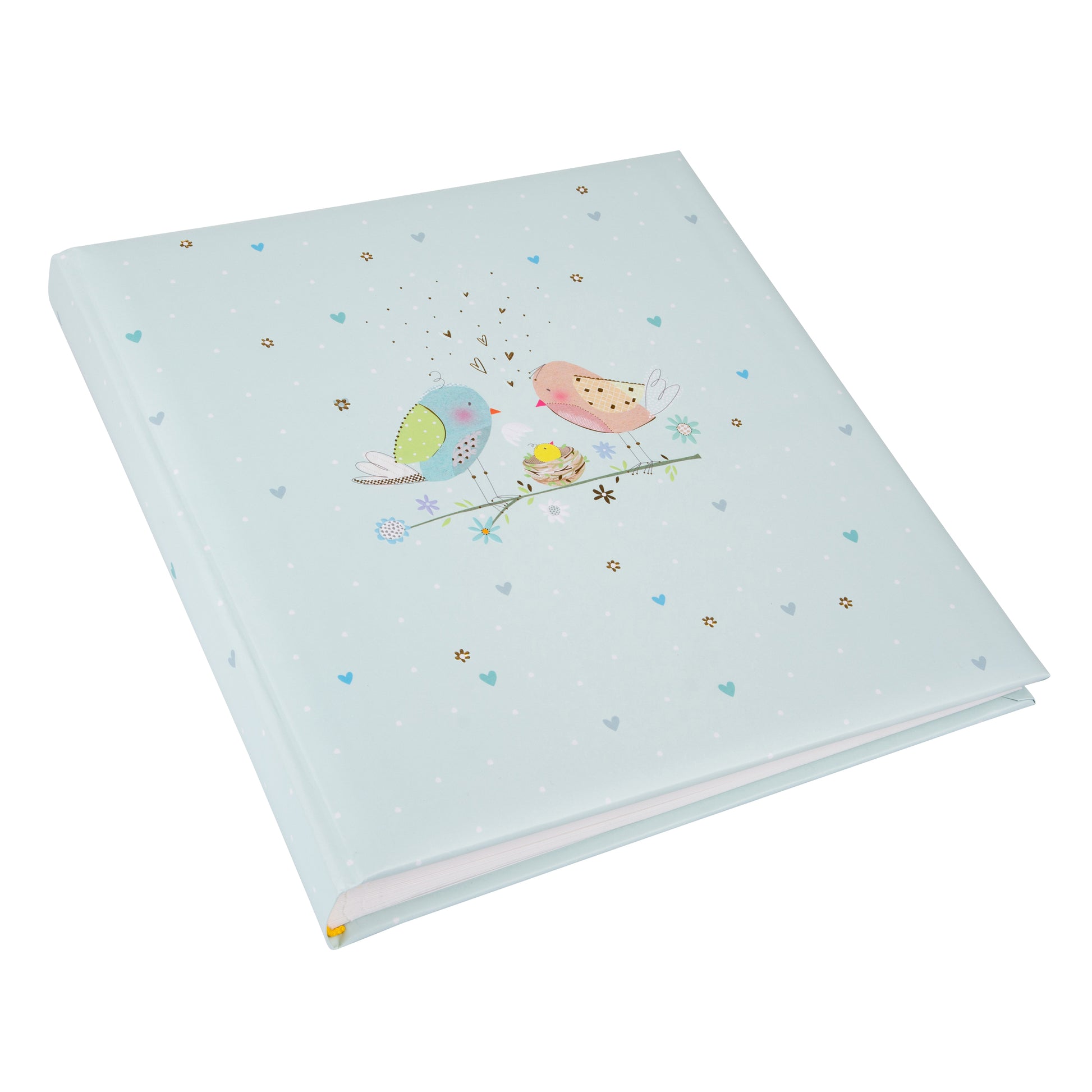 A blue Goldbuch photo album adorned with two birds and a baby bird, perfect for storing cherished memories in a photo album.