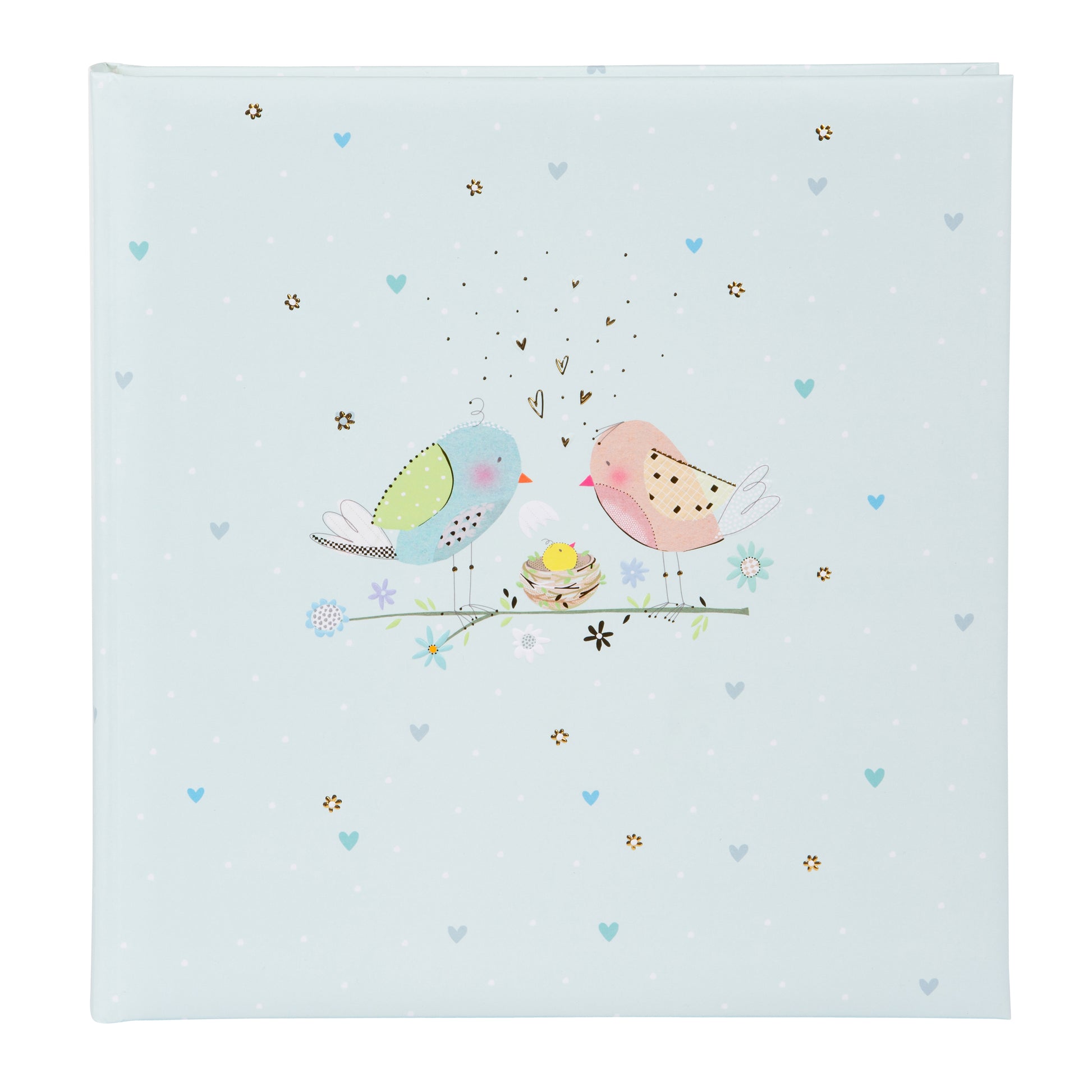A blue Goldbuch photo album adorned with two birds and a baby bird, perfect for storing cherished memories in a photo album.