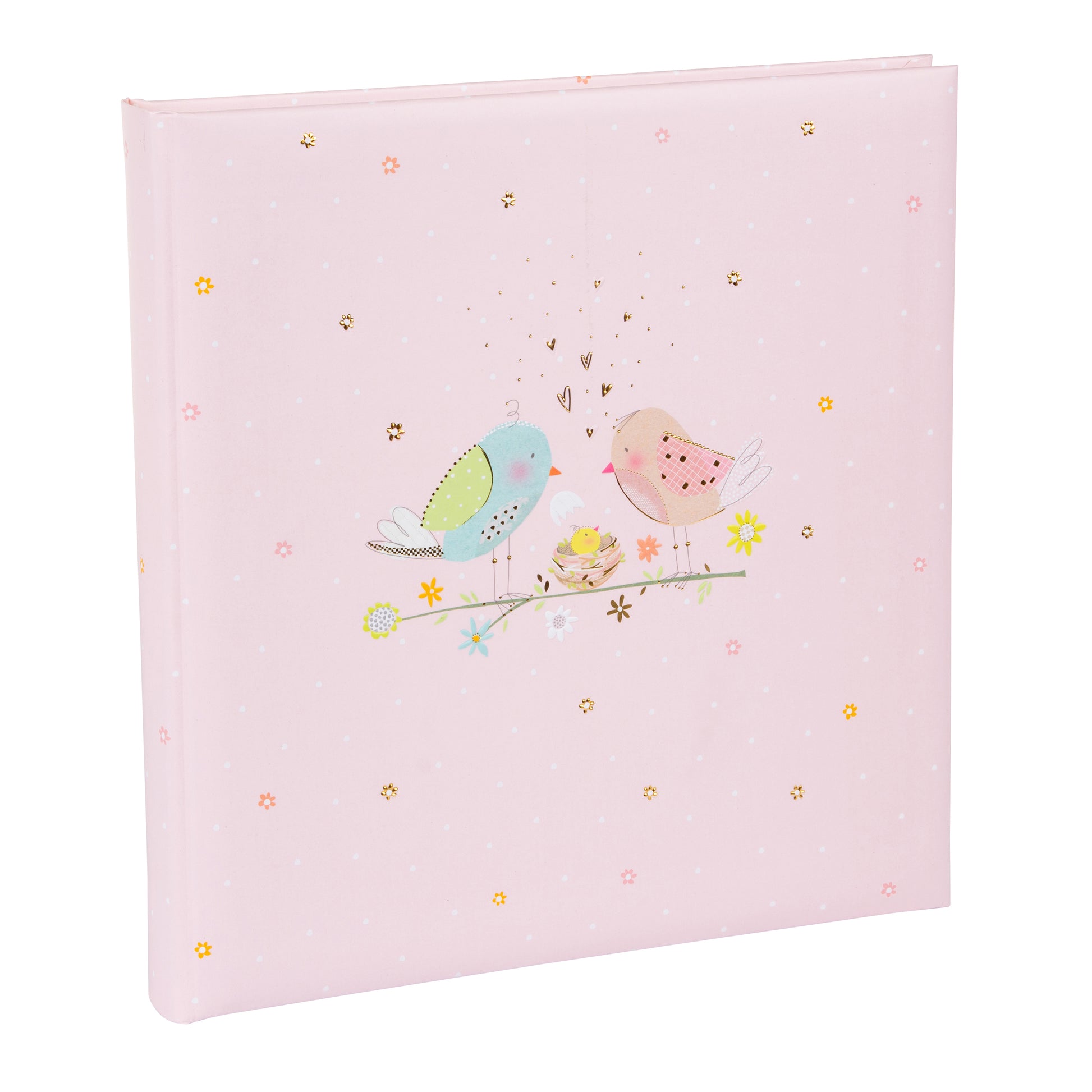 A pink Goldbuch photo album adorned with two birds and a baby bird, perfect for storing cherished memories in a photo album.