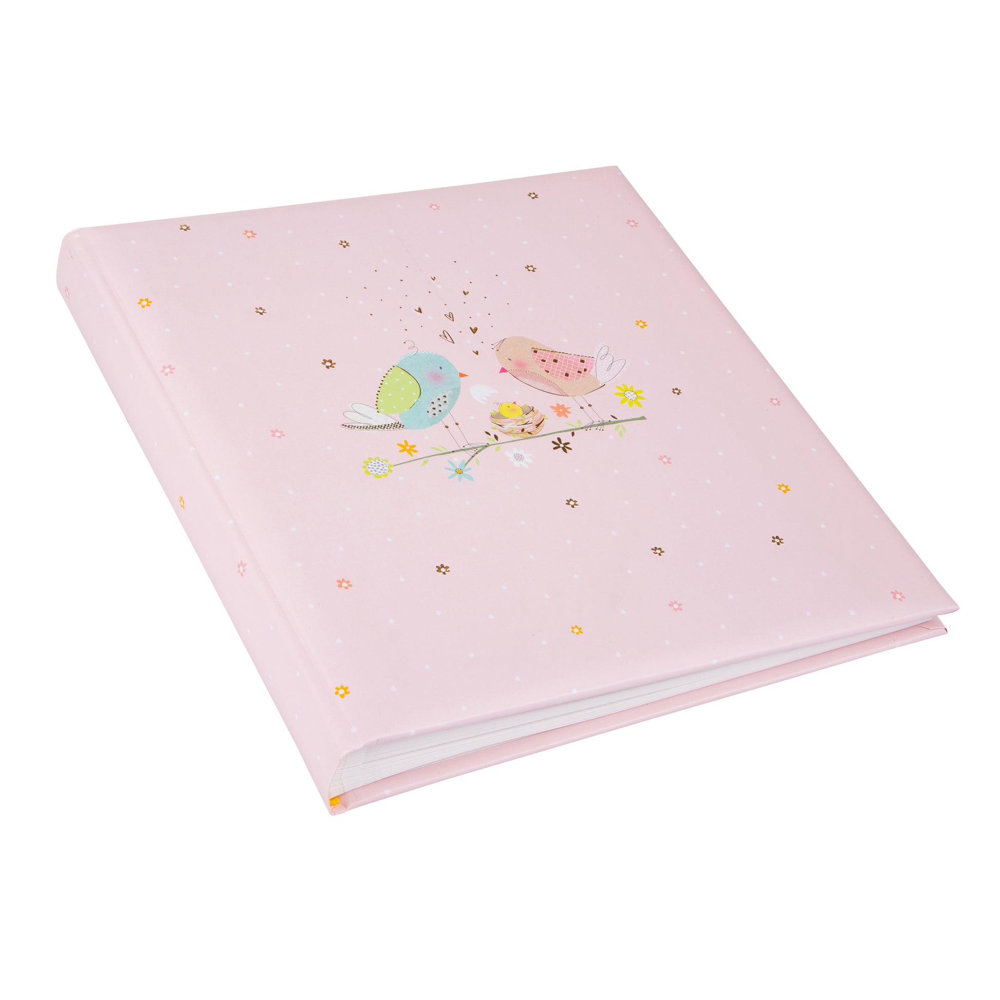 A pink Goldbuch photo album adorned with two birds and a baby bird, perfect for storing cherished memories in a photo album.