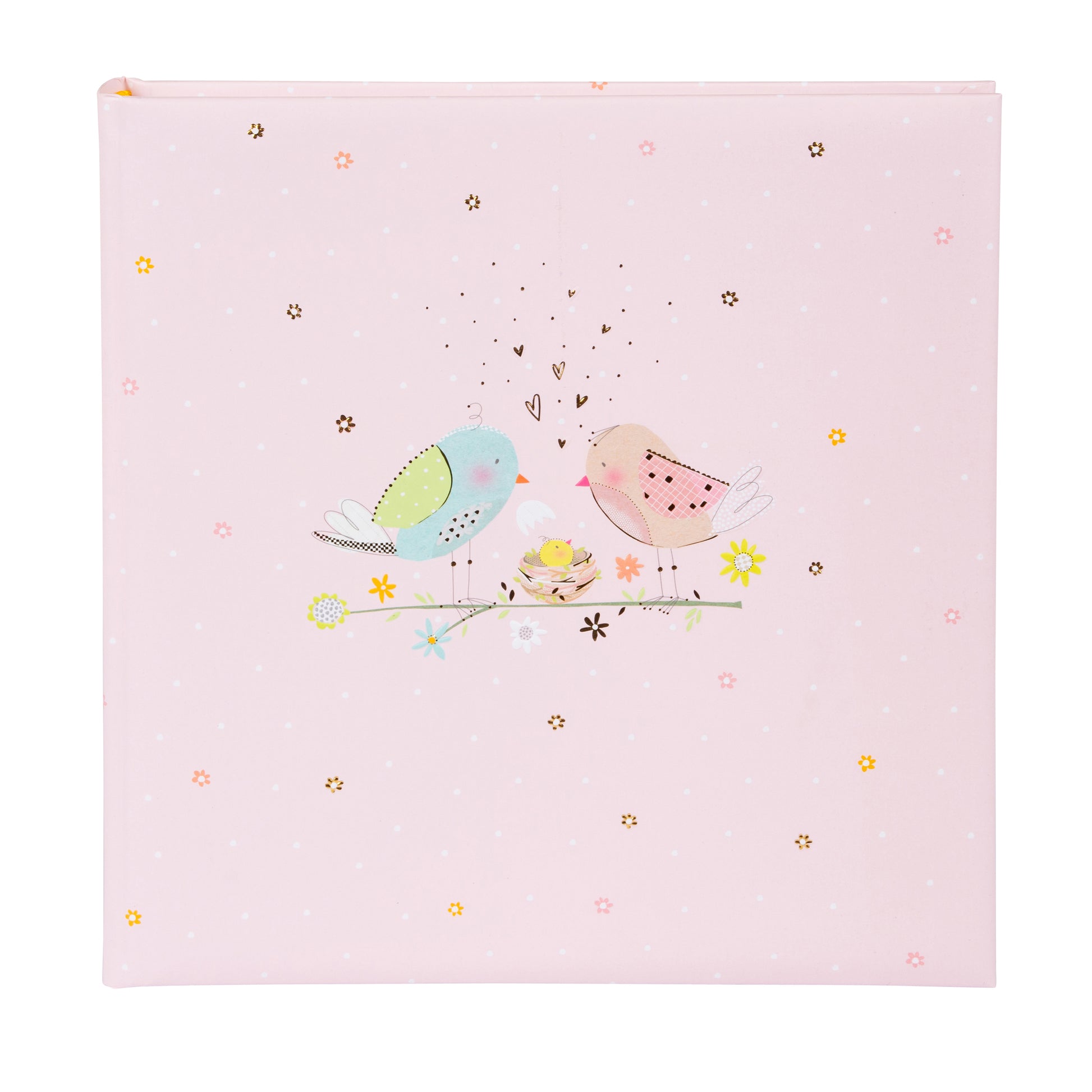 A pink Goldbuch photo album adorned with two birds and a baby bird, perfect for storing cherished memories in a photo album.