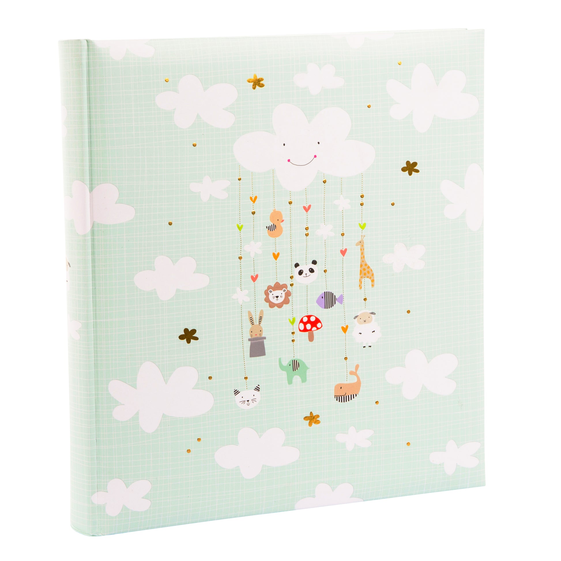 A delightful Goldbuch baby photo album decorated with various animals and soft, fluffy clouds.