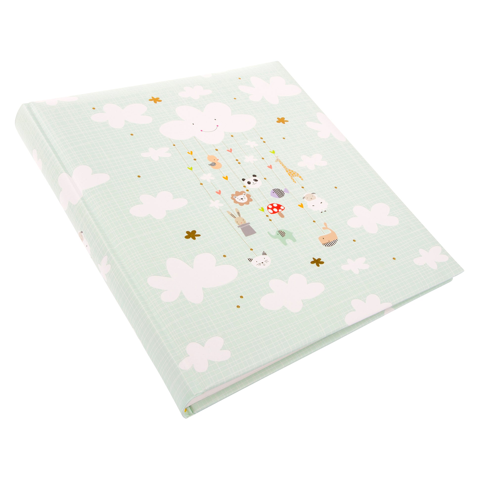 A delightful Goldbuch baby photo album decorated with various animals and soft, fluffy clouds.