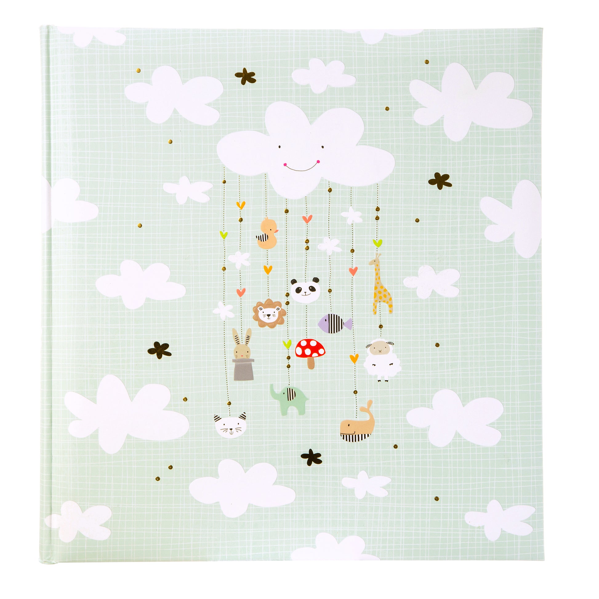 A delightful Goldbuch baby photo album decorated with various animals and soft, fluffy clouds.