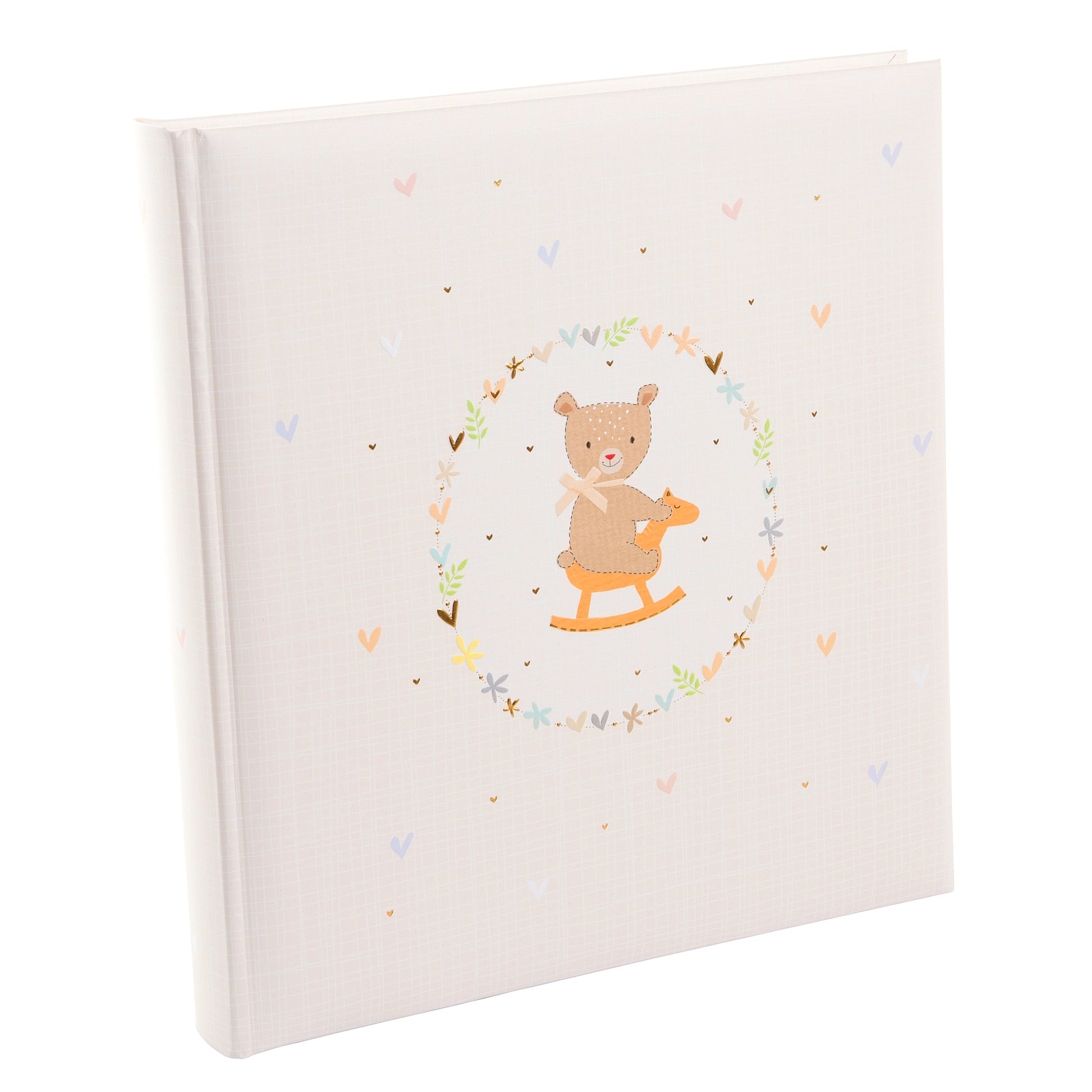 A delightful Goldbuch baby photo album showcasing a bear on a rocking horse, ideal for storing treasured childhood moments.