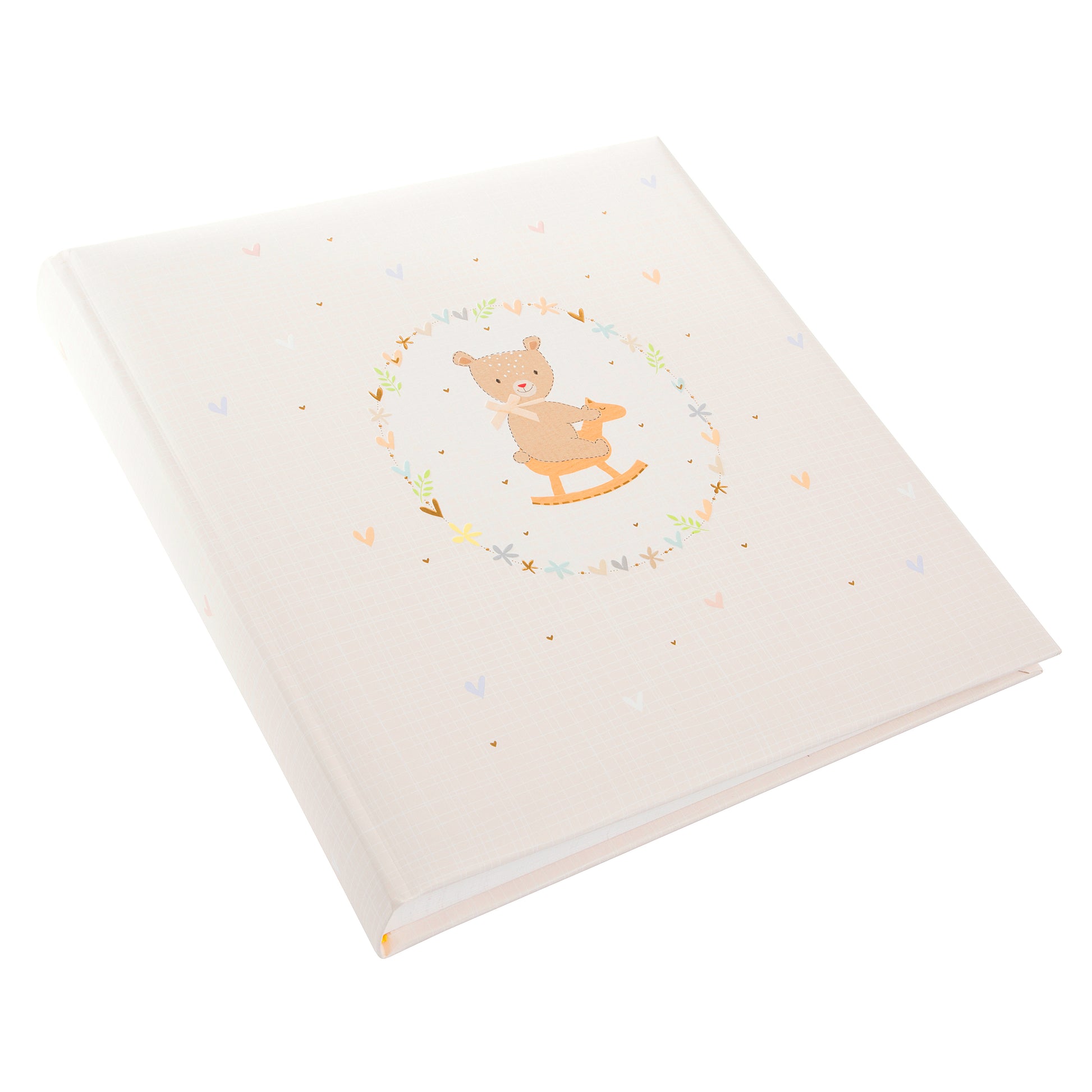 A delightful Goldbuch baby photo album showcasing a bear on a rocking horse, ideal for storing treasured childhood moments.