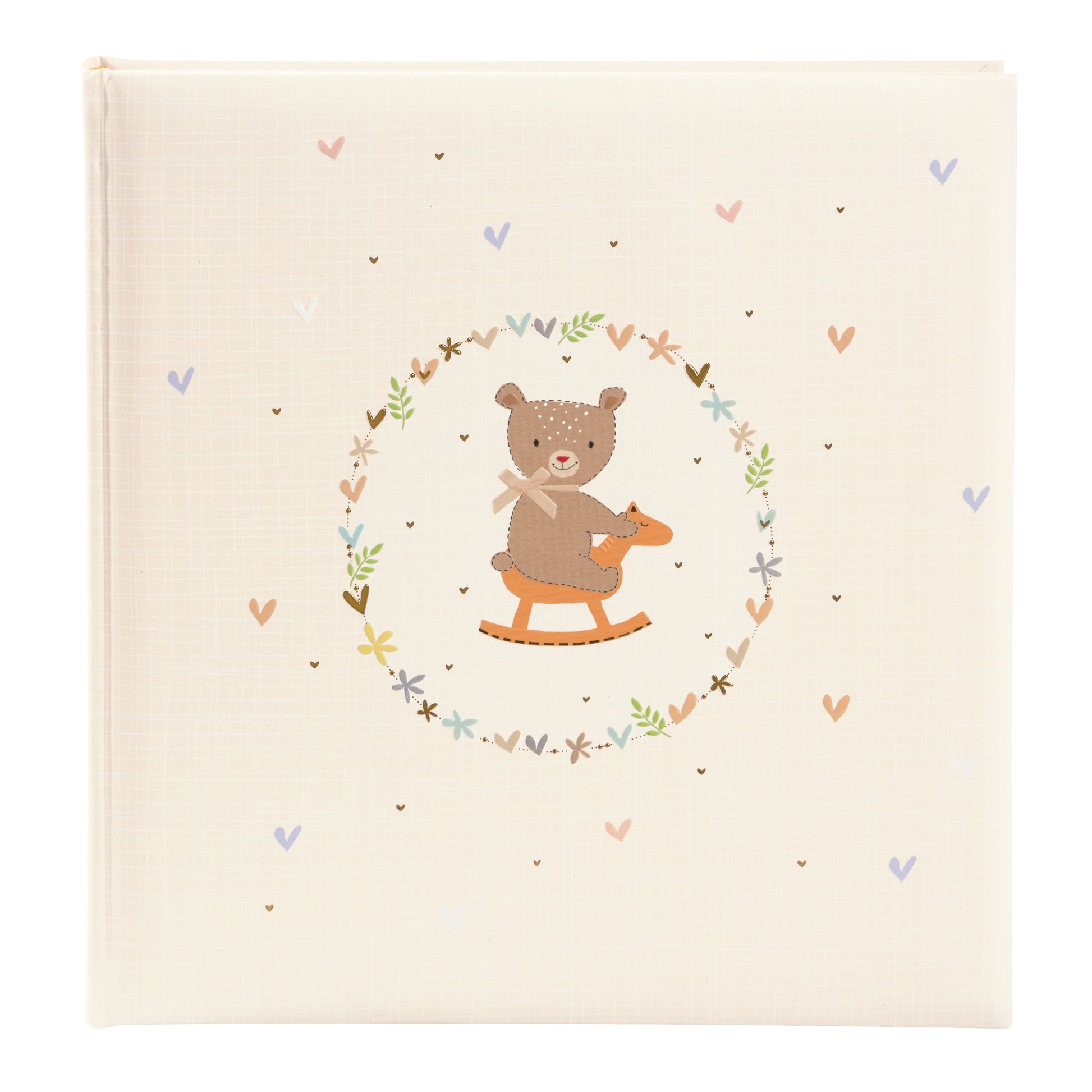 A delightful Goldbuch baby photo album showcasing a bear on a rocking horse, ideal for storing treasured childhood moments.