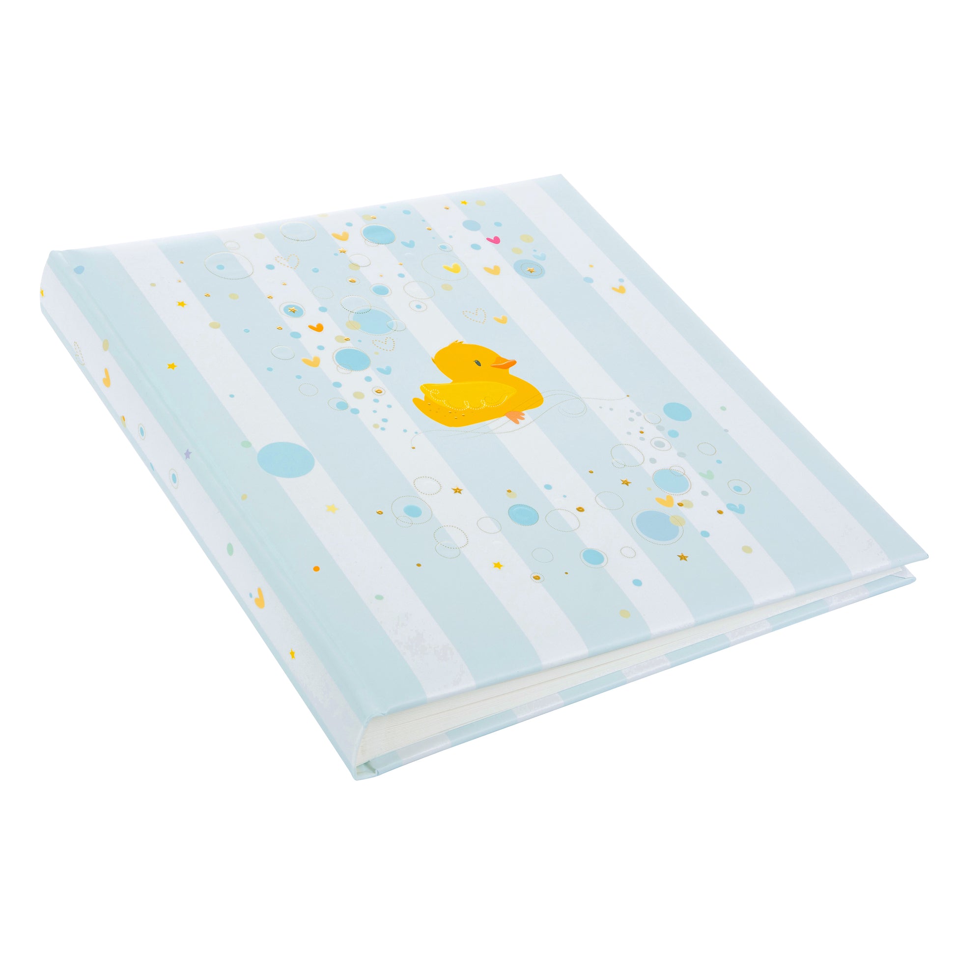 A Goldbuch album cover with bubbles and hearts, adorned with a yellow duck, ideal for capturing memories in a photo album.