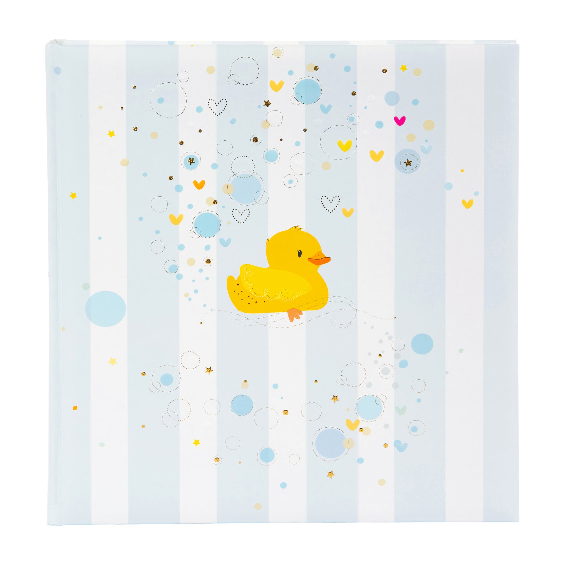 A Goldbuch album cover with bubbles and hearts, adorned with a yellow duck, ideal for capturing memories in a photo album.
