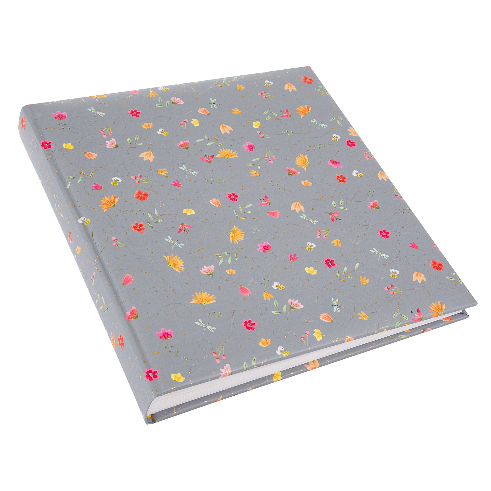 A grey Goldbuch photo album notebook adorned with vibrant flowers, showcasing creativity and personal expression.