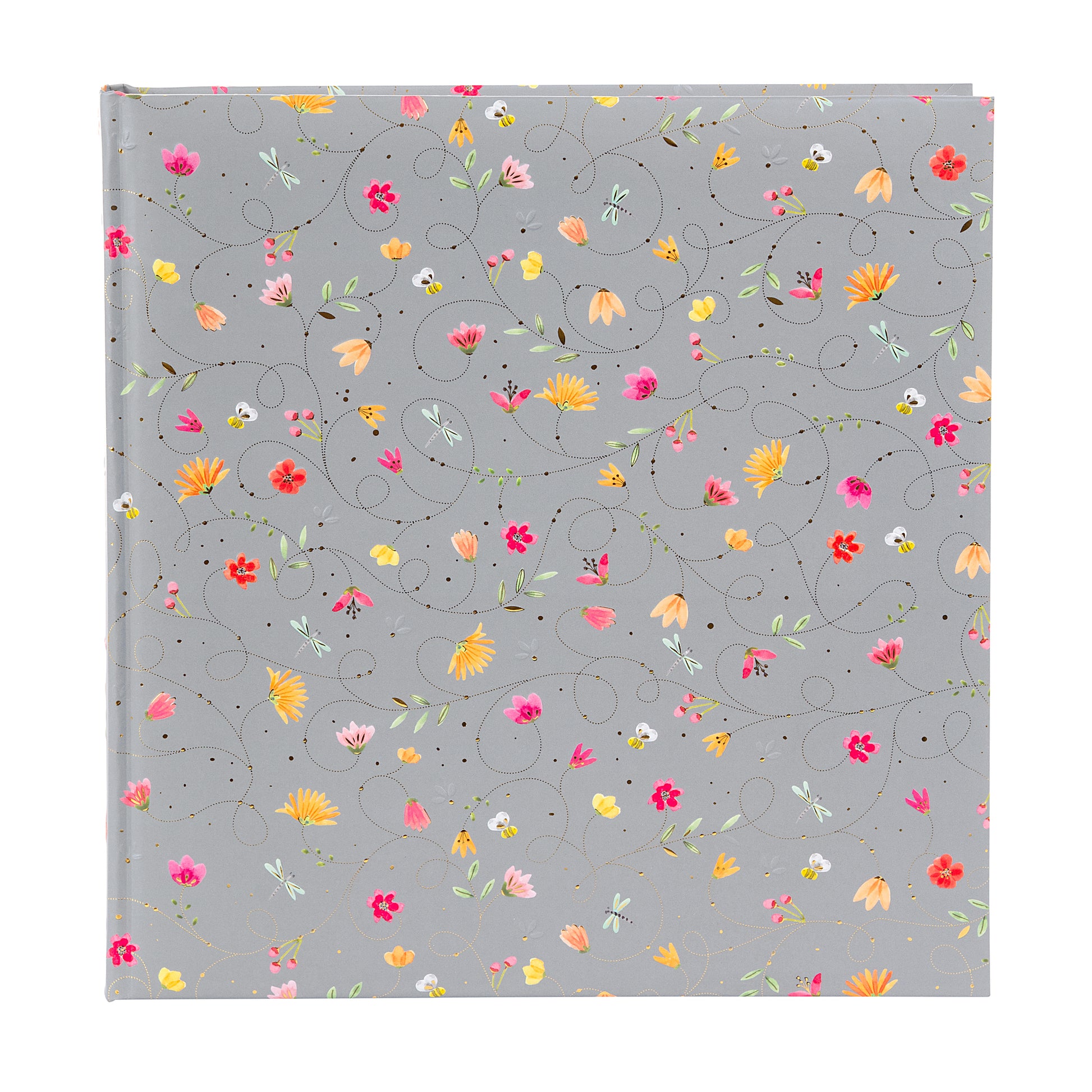 A grey Goldbuch photo album notebook adorned with vibrant flowers, showcasing creativity and personal expression.