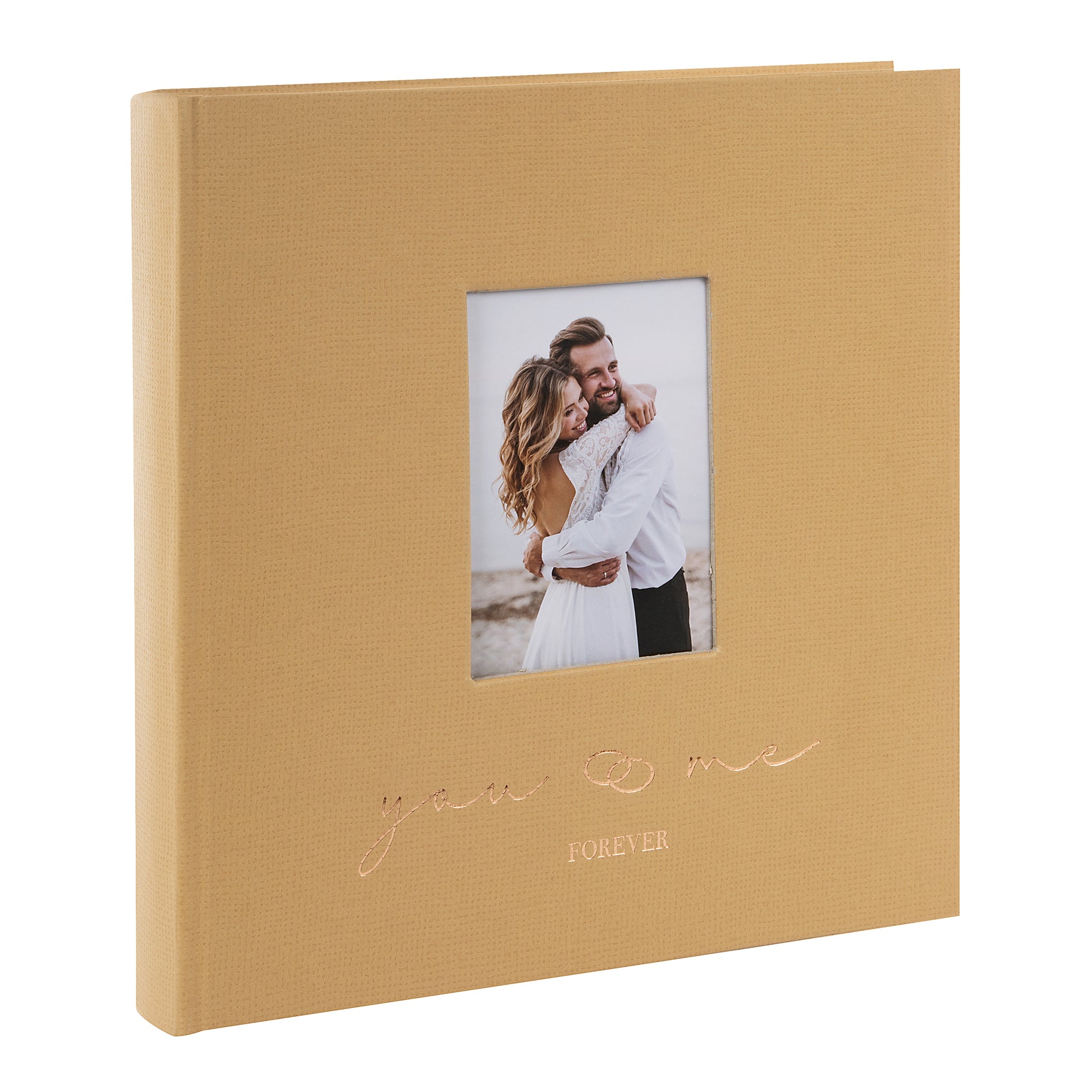 A Goldbuch photo album with a cover illustration of a couple in love, showcasing its hardcover design and white pages.