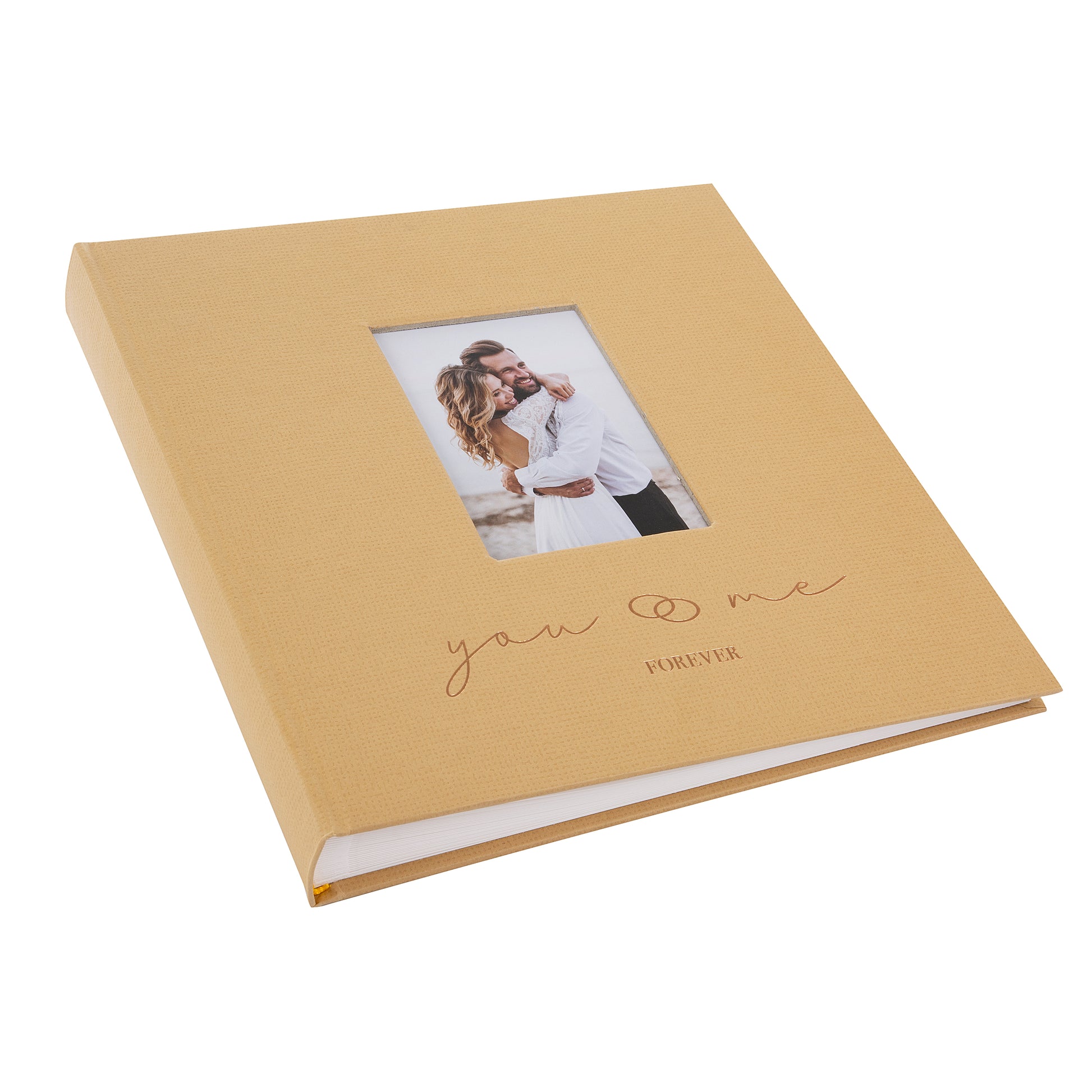 A Goldbuch photo album with a cover illustration of a couple in love, showcasing its hardcover design and white pages.
