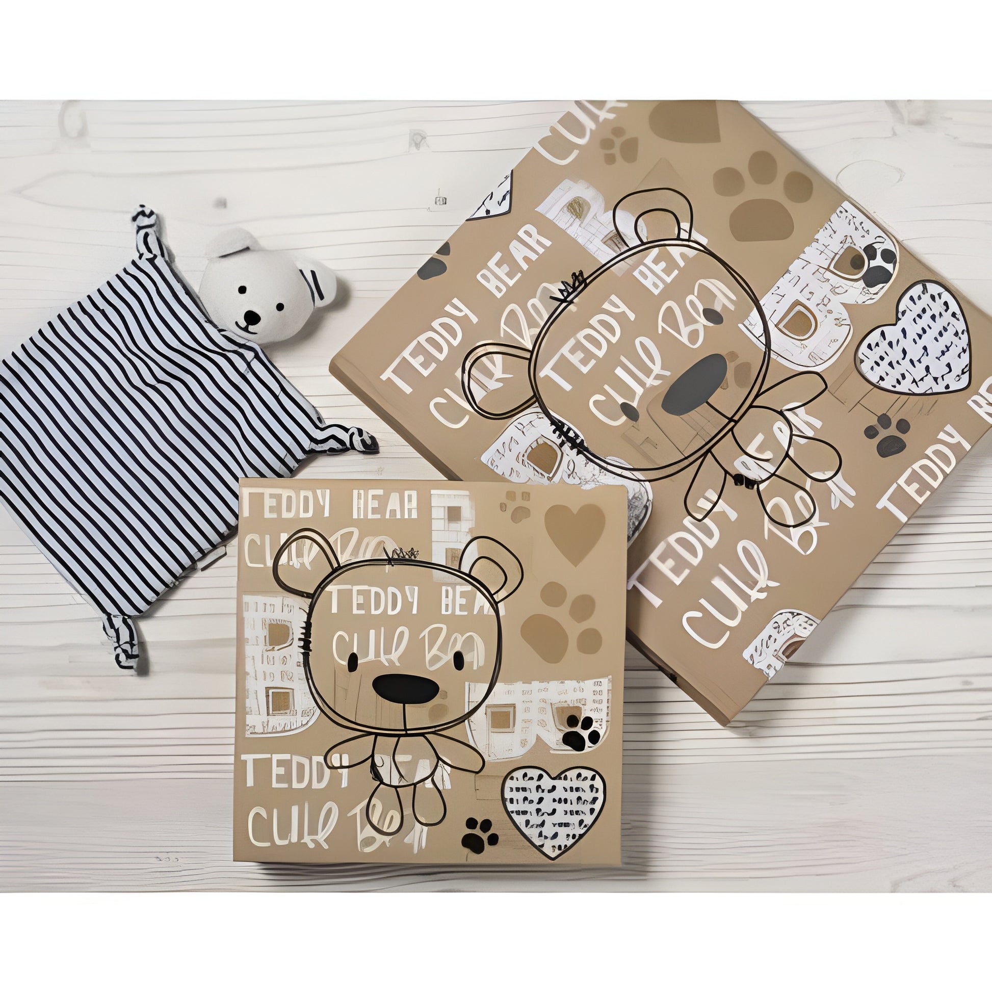 Personalized wrapping paper featuring a teddy bear and a striped blanket, ideal for gifting with a Hama Photo Album with same teddy bear motives.