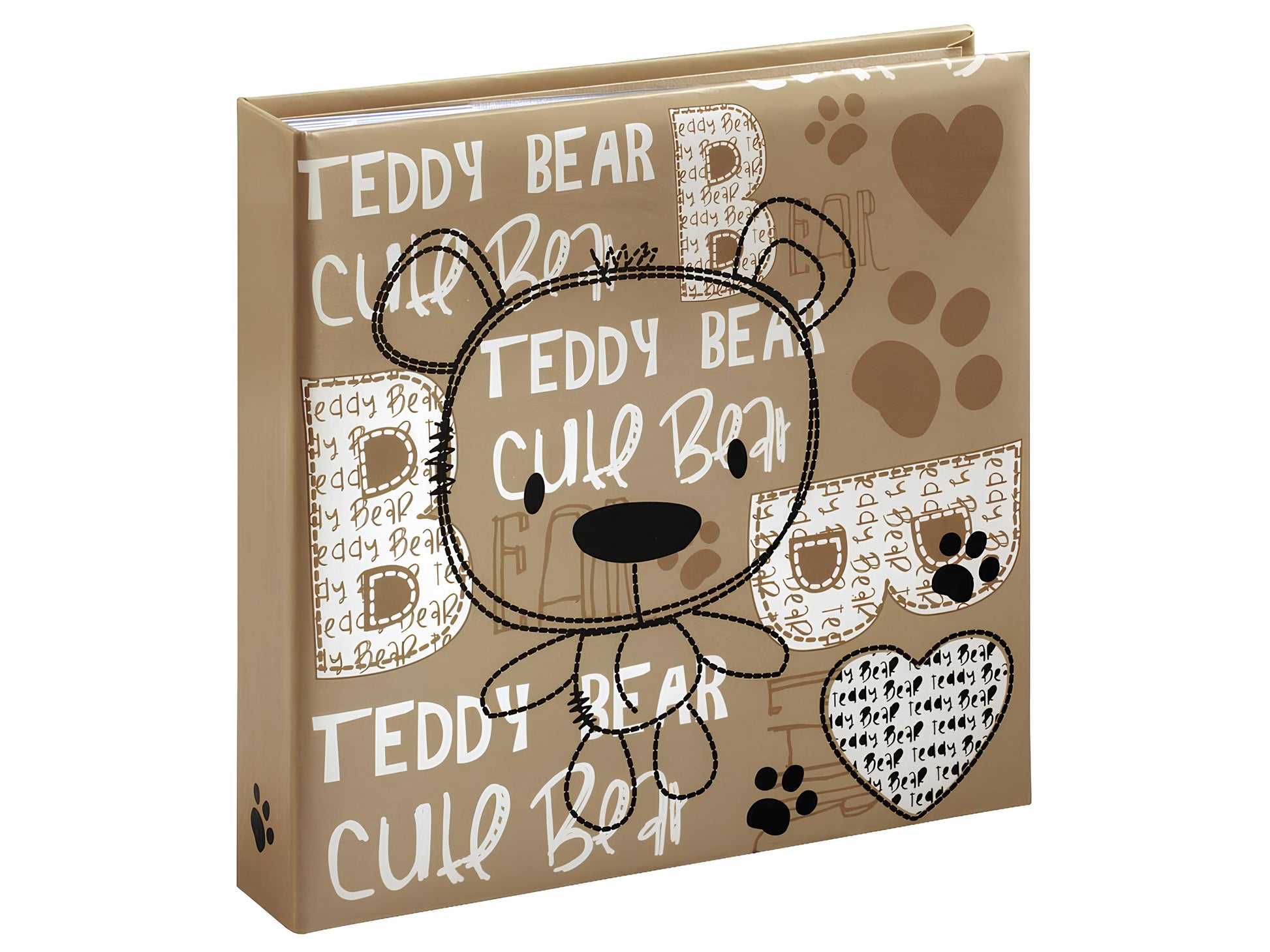 A brown teddy bear cubby book displayed on a table, featuring the Hama Photo Album branding.