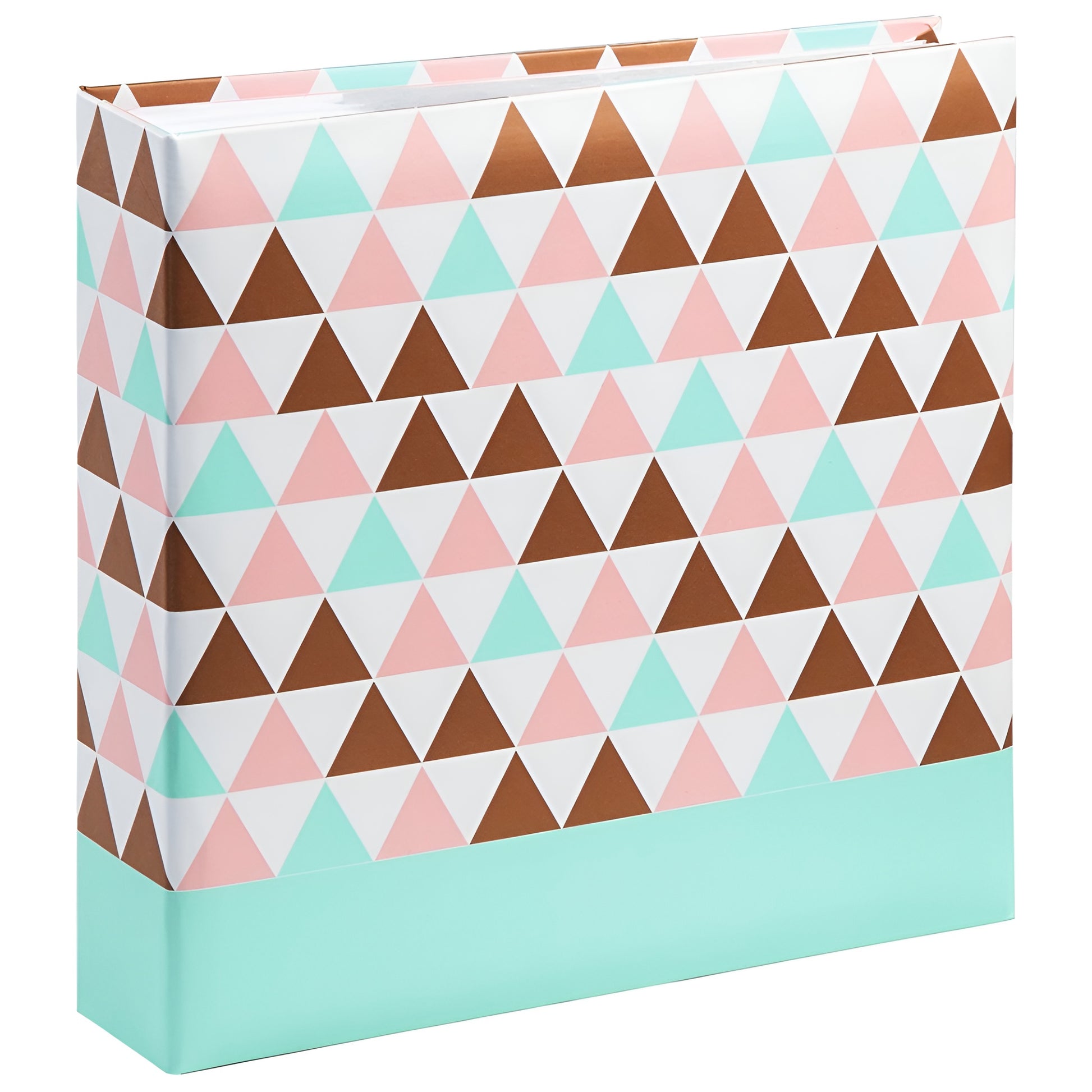 Triangle patterned binder in pink and brown with a white cover, designed as a Hama photo album.