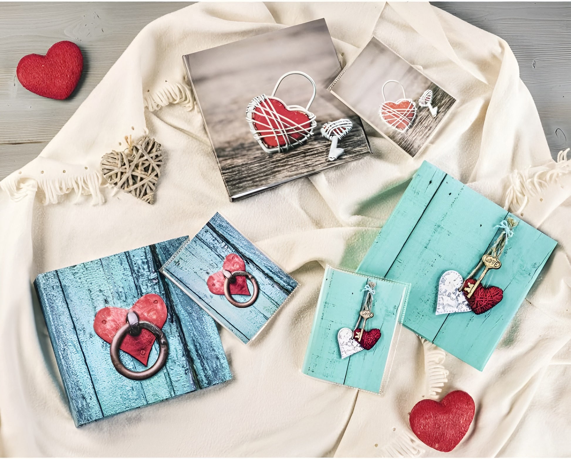 A wooden heart and key are displayed on a blue background, representing cherished moments on a Hama photo album.