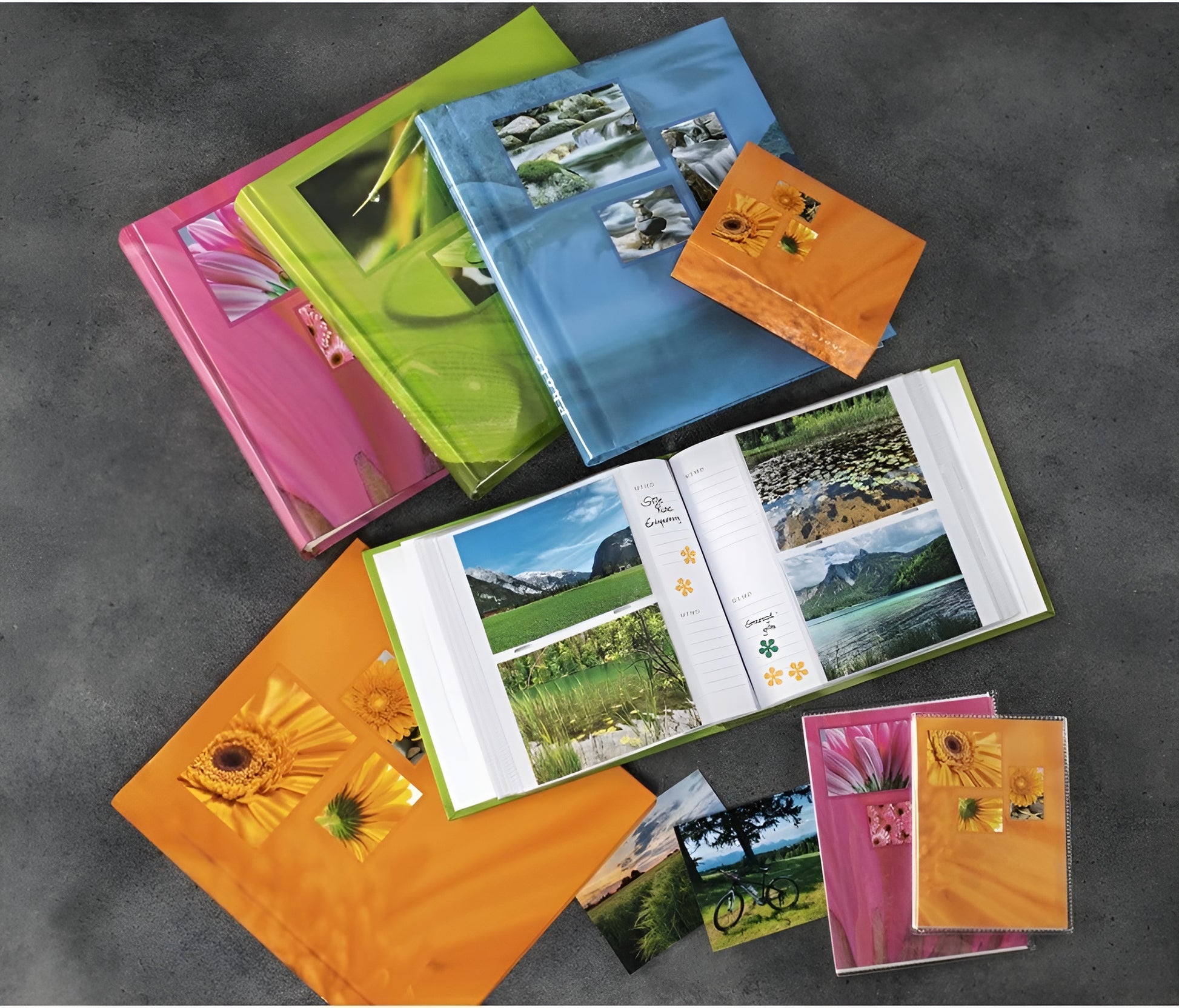 A orange Hama photo album displaying various pictures of orange flowers, highlighting their unique shapes.