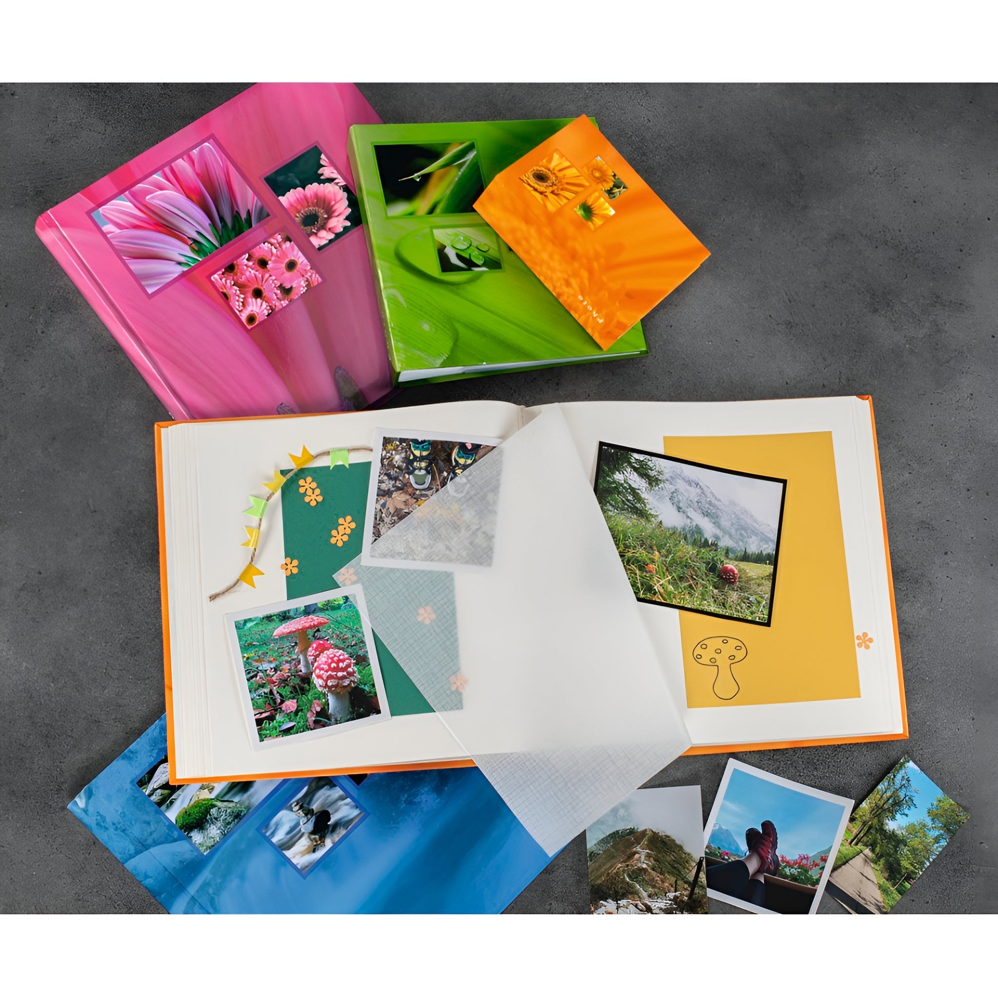 A orange Hama photo album displaying various pictures of orange flowers, highlighting their unique shapes.