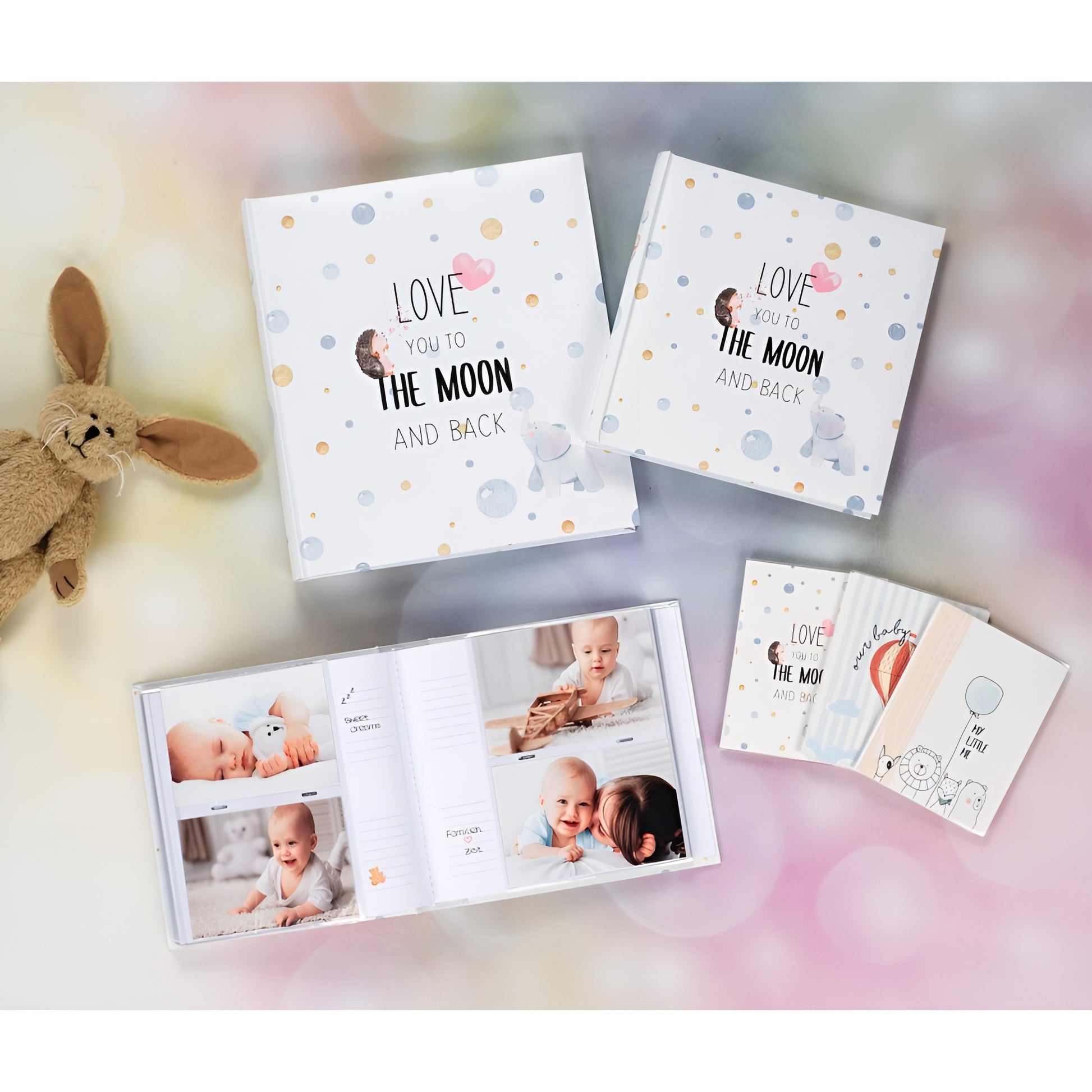 Hama photo album cover featuring the phrase "love you to the moon and back" with decorative elements.