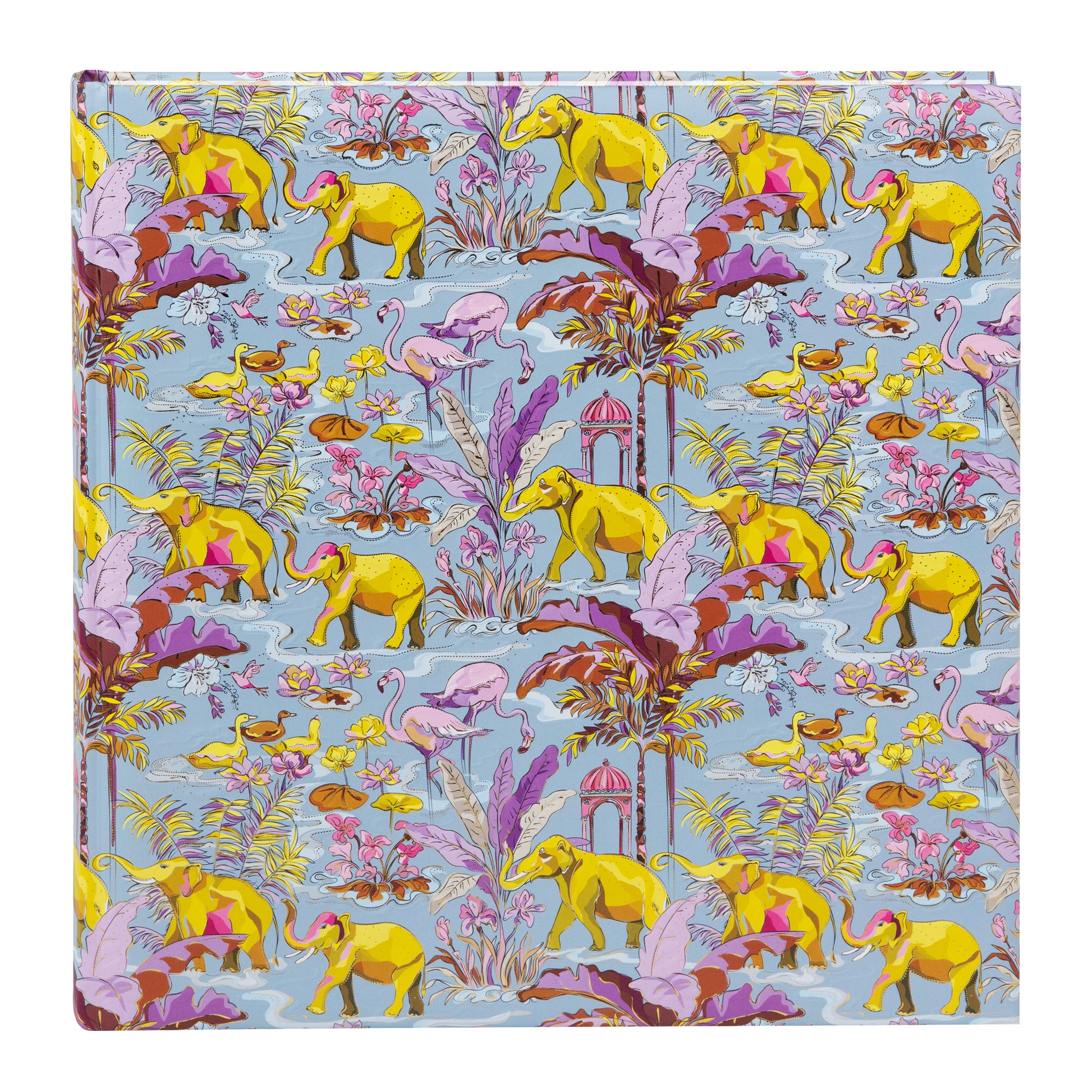 Goldbuch spiral photo album with tropical animal and plant motives on a light blue background.
