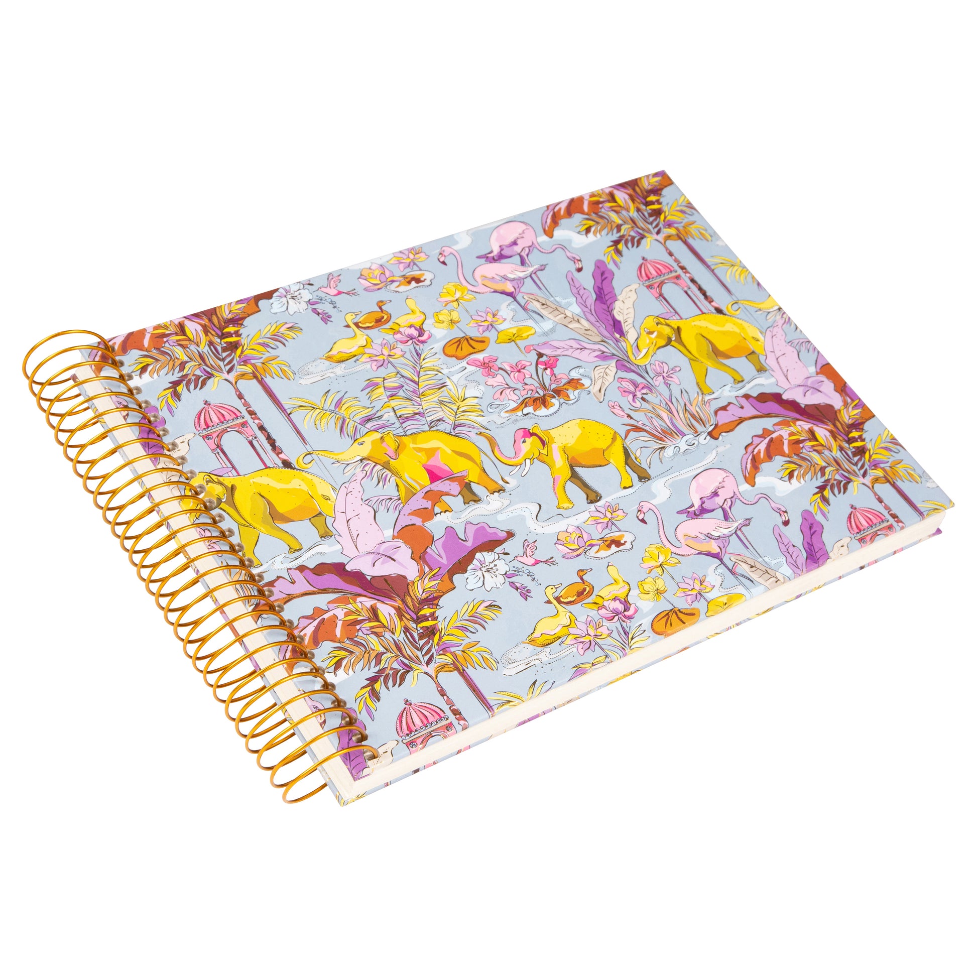 Goldbuch spiral photo album with tropical animal and plant motives on a white background.