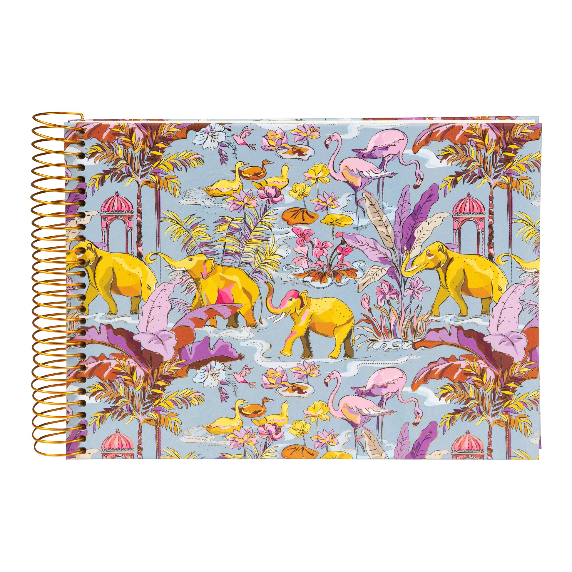 Goldbuch spiral photo album with tropical animal and plant motives on a white background.