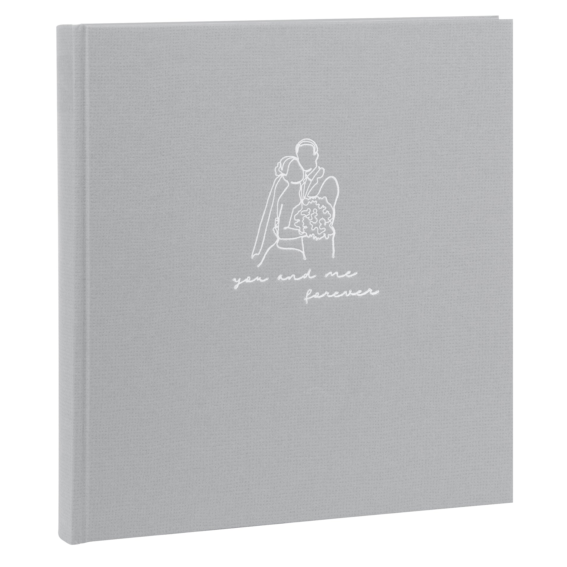 A grey Goldbuch photo album with an illustration of a man and a woman on its front cover.