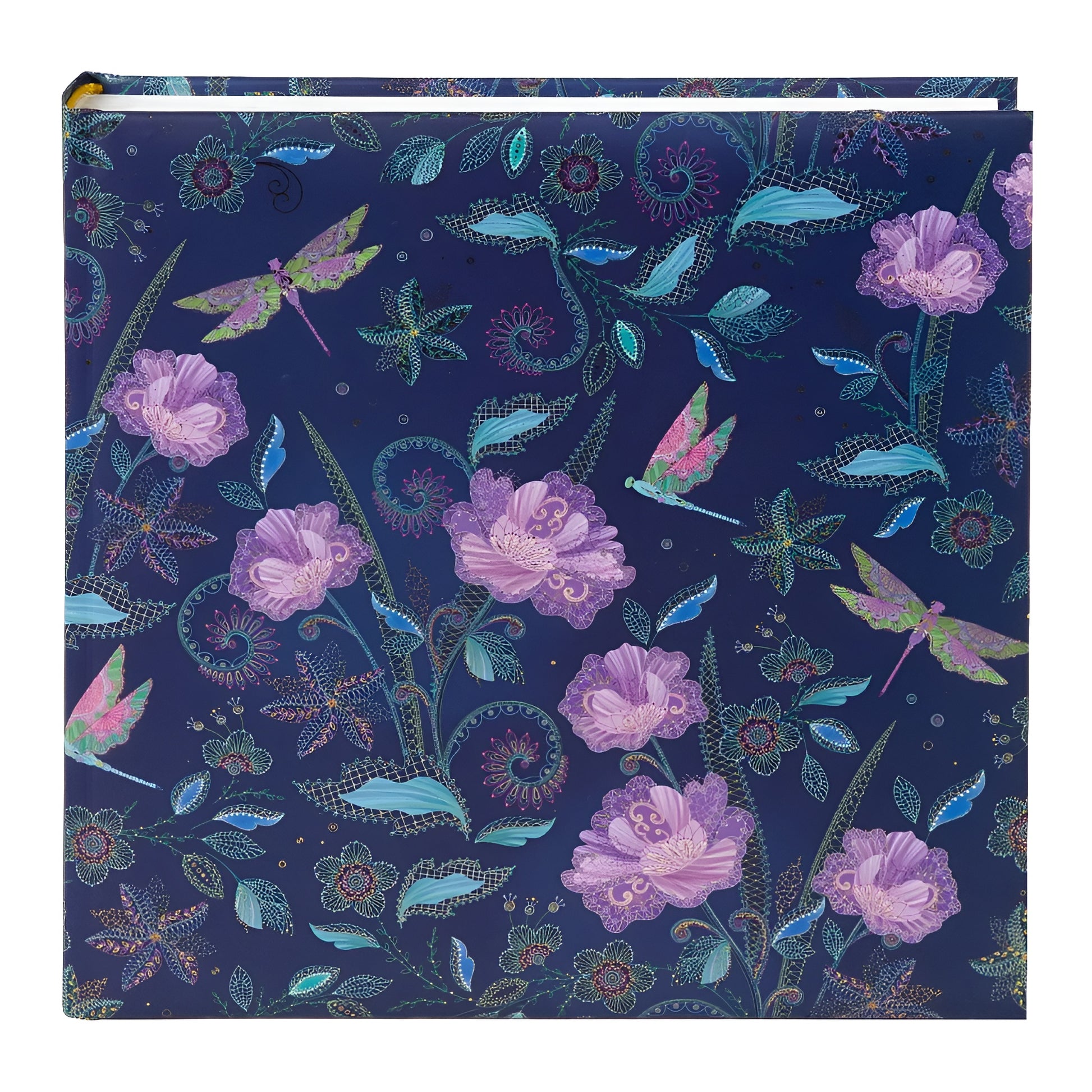 A vibrant blue Goldbuch photo album featuring pink flowers and butterflies, indicative of a decorative photo album.