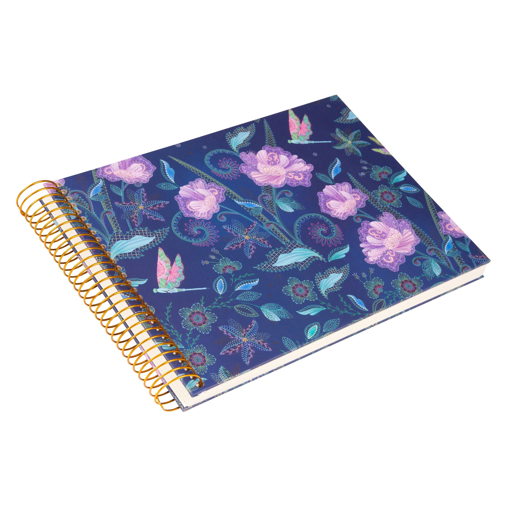 A Goldbuch spiral photo album adorned with purple flowers and butterflies.