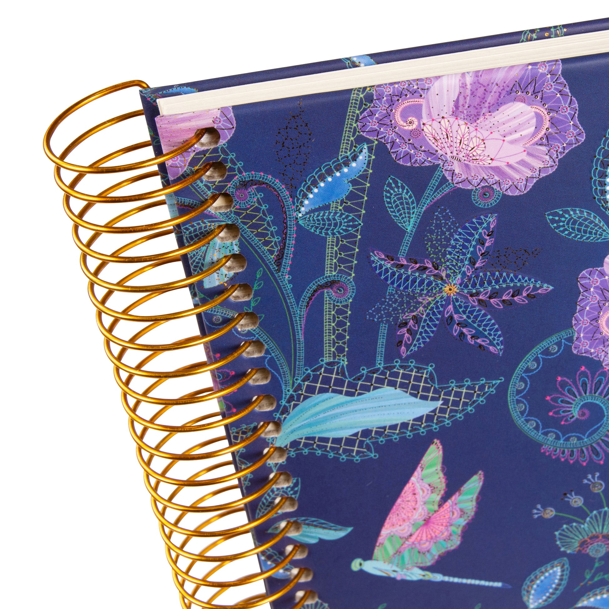 A Goldbuch spiral photo album adorned with purple flowers and butterflies.