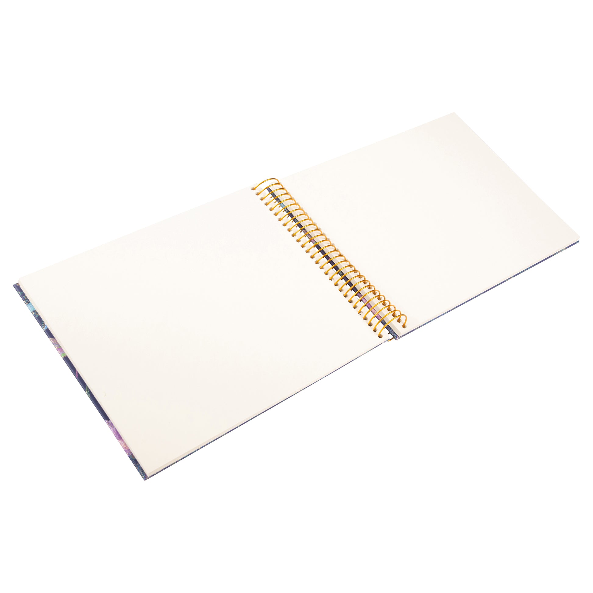 A Goldbuch spiral photo album adorned with purple flowers and butterflies. White pages.