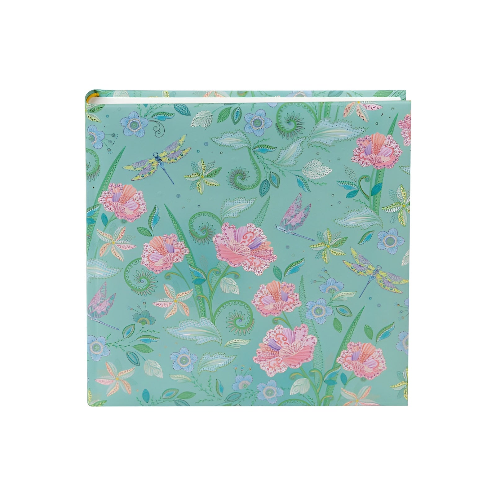 A vibrant green Goldbuch photo album featuring pink flowers and butterflies, indicative of a decorative photo album.