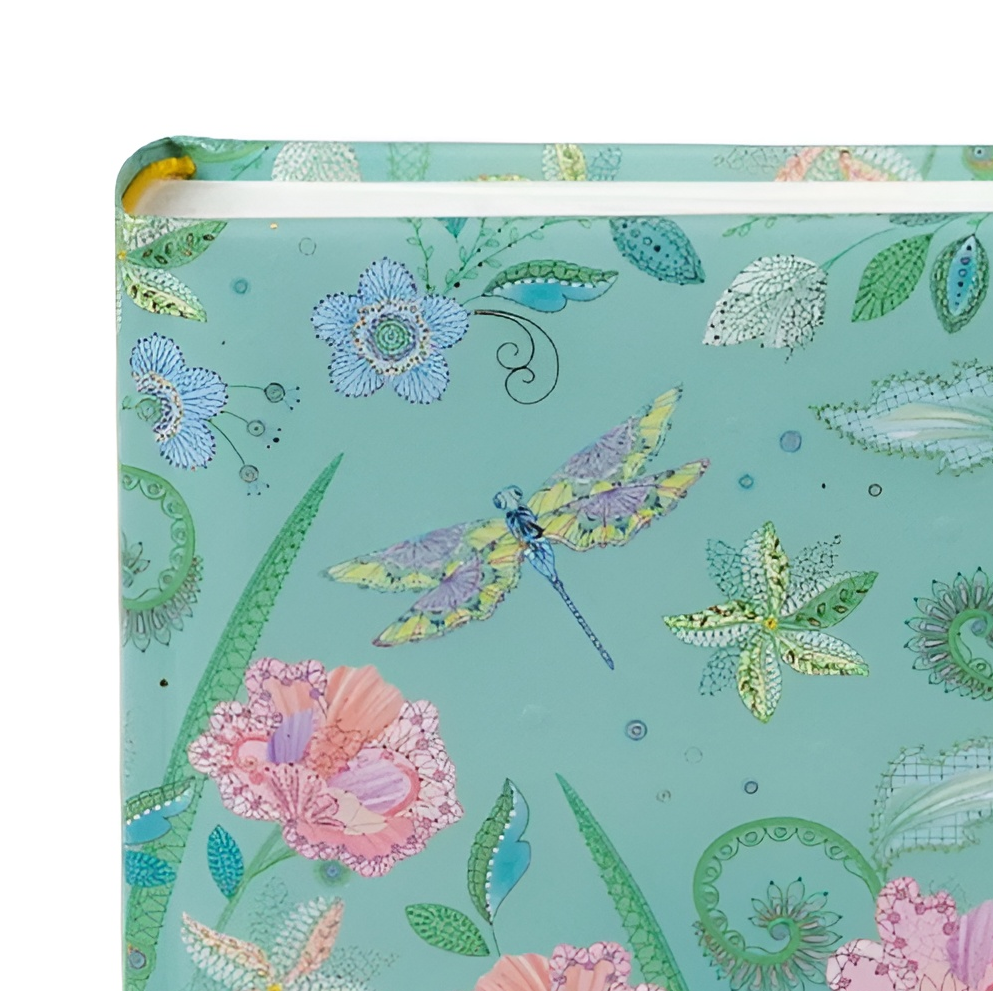 A vibrant green Goldbuch photo album featuring pink flowers and butterflies, indicative of a decorative photo album.