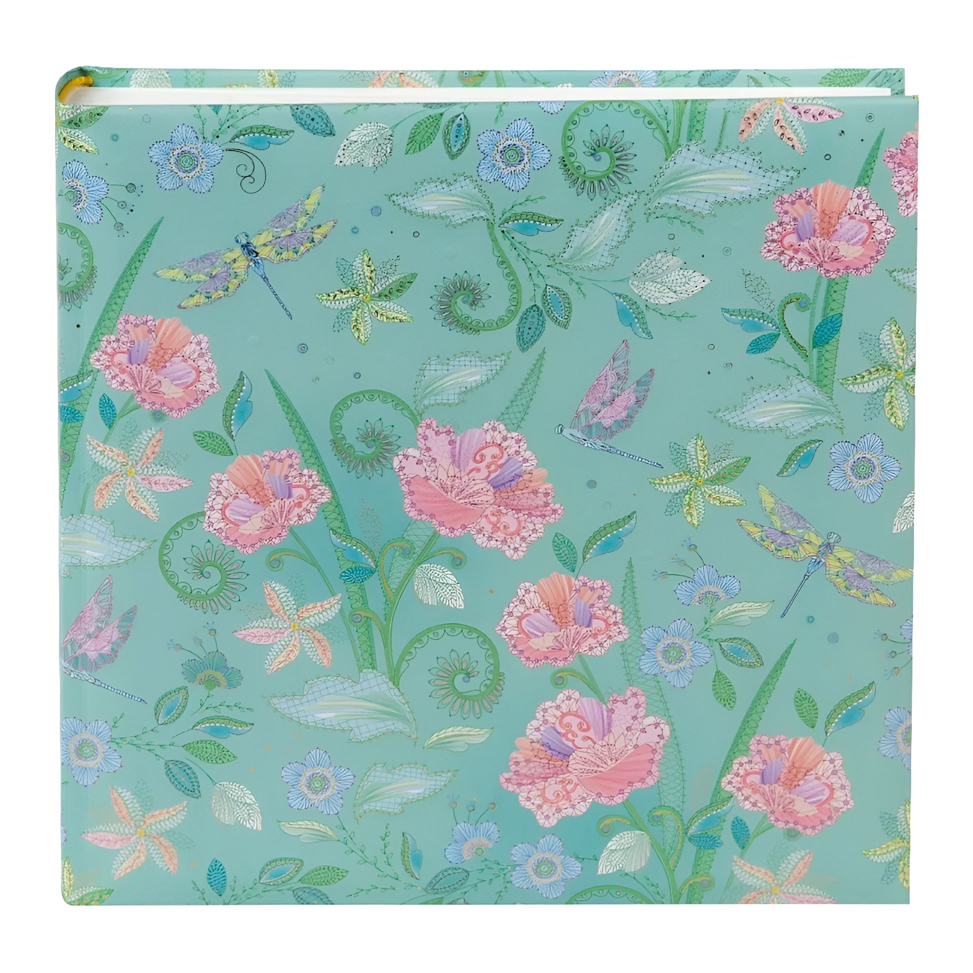 A vibrant green Goldbuch photo album featuring pink flowers and butterflies, indicative of a decorative photo album.