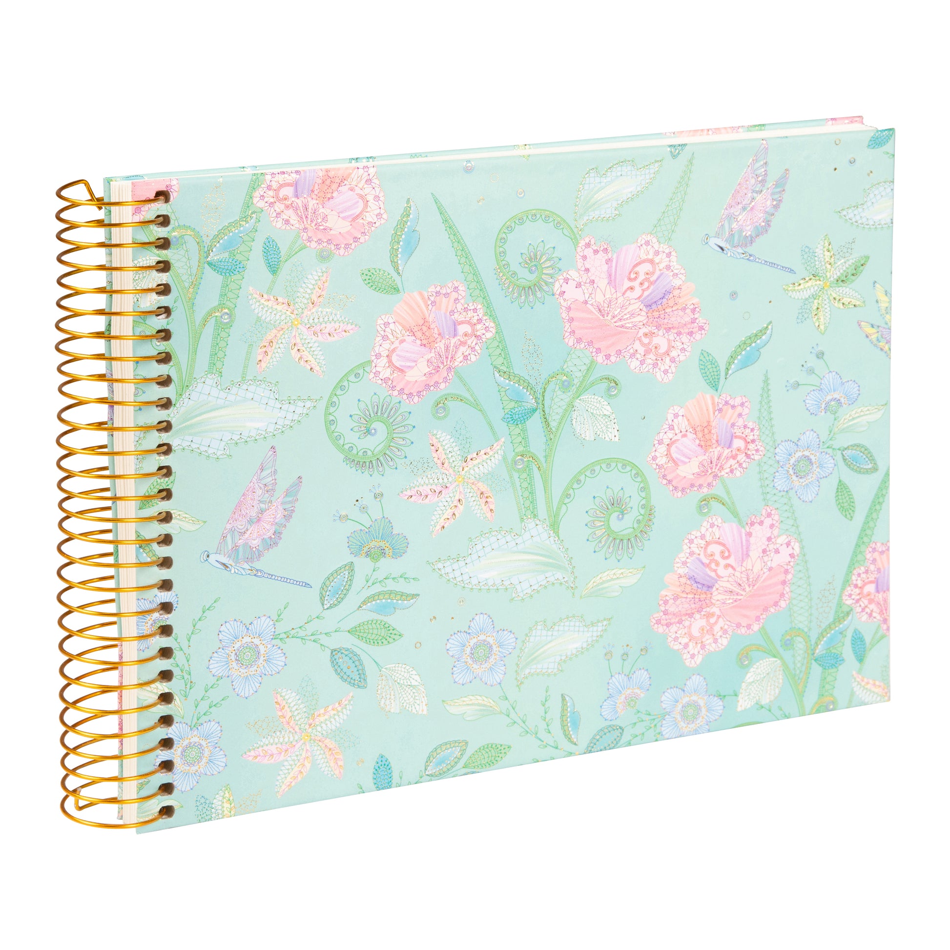 Goldbuch photo album with a spiral binding, adorned with a floral design and colorful butterflies.