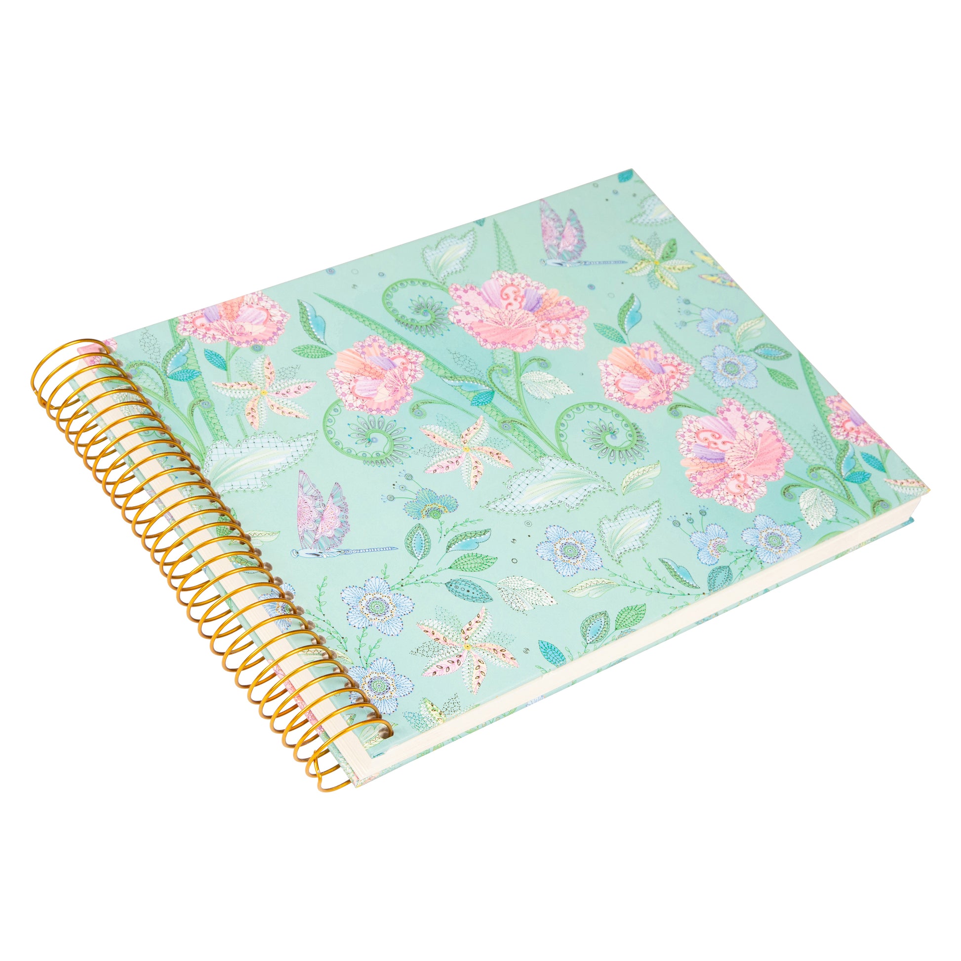 Goldbuch photo album with a spiral binding, adorned with a floral design and colorful butterflies.