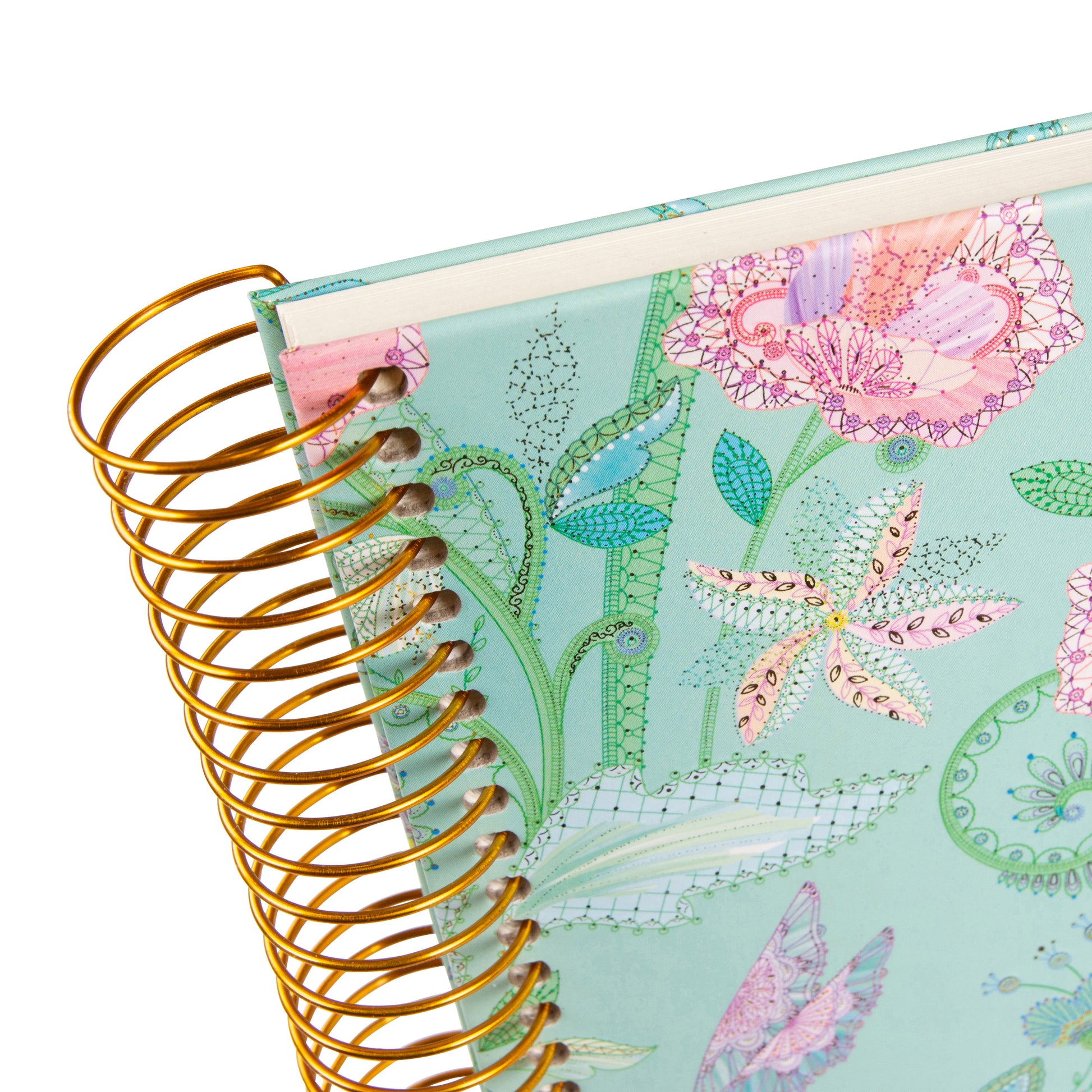 Goldbuch photo album with a spiral binding, adorned with a floral design and colorful butterflies.