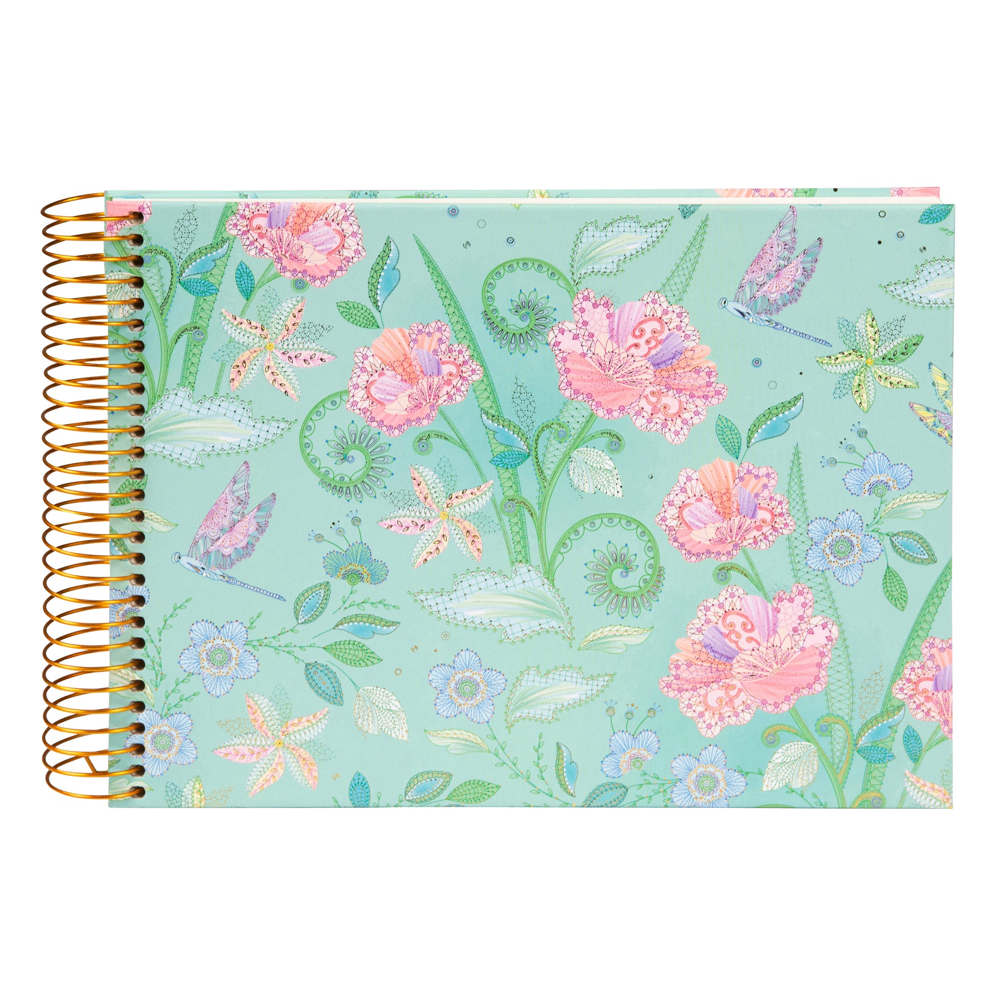 Goldbuch photo album with a spiral binding, adorned with a floral design and colorful butterflies.