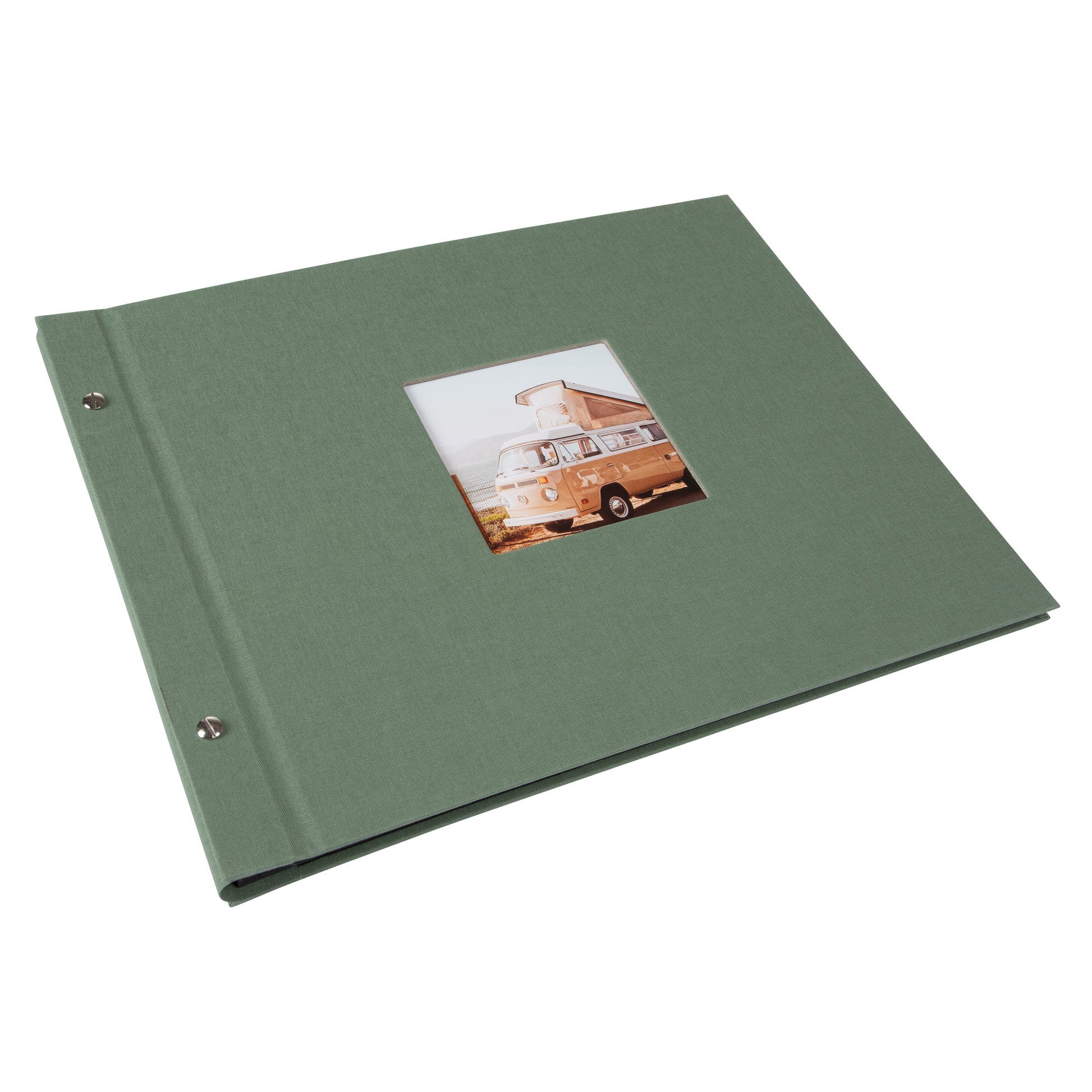 A Goldbuch green photo album with a window displaying a vintage van on a white background