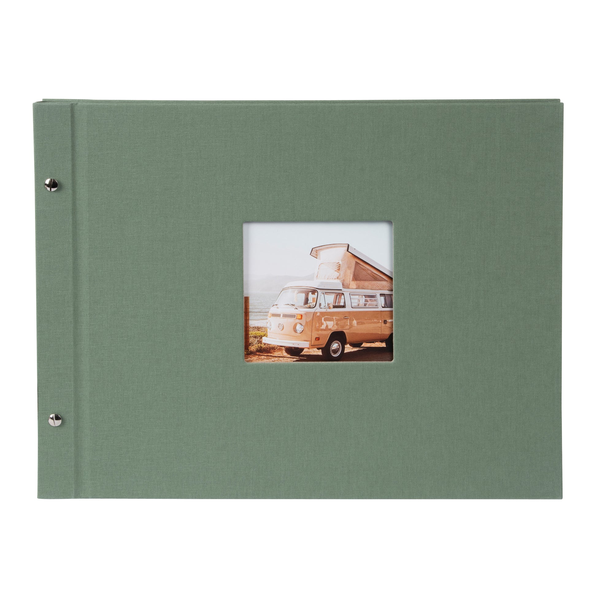 A Goldbuch green photo album with a window displaying a vintage van on a white background