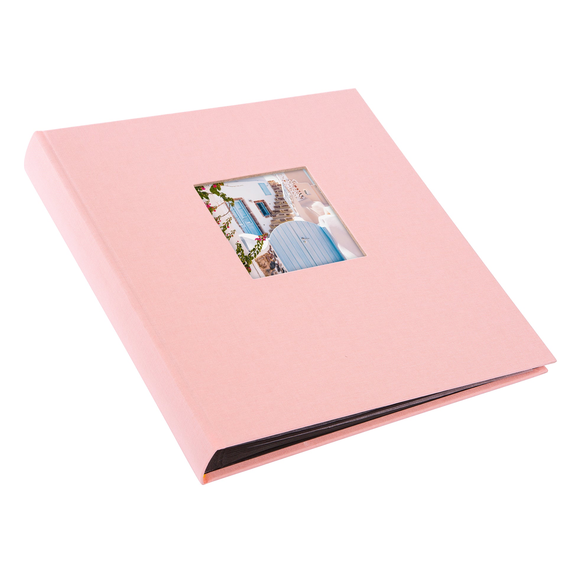 Rose Goldbuch photo album with a small rectangular window displaying a scenic image.
