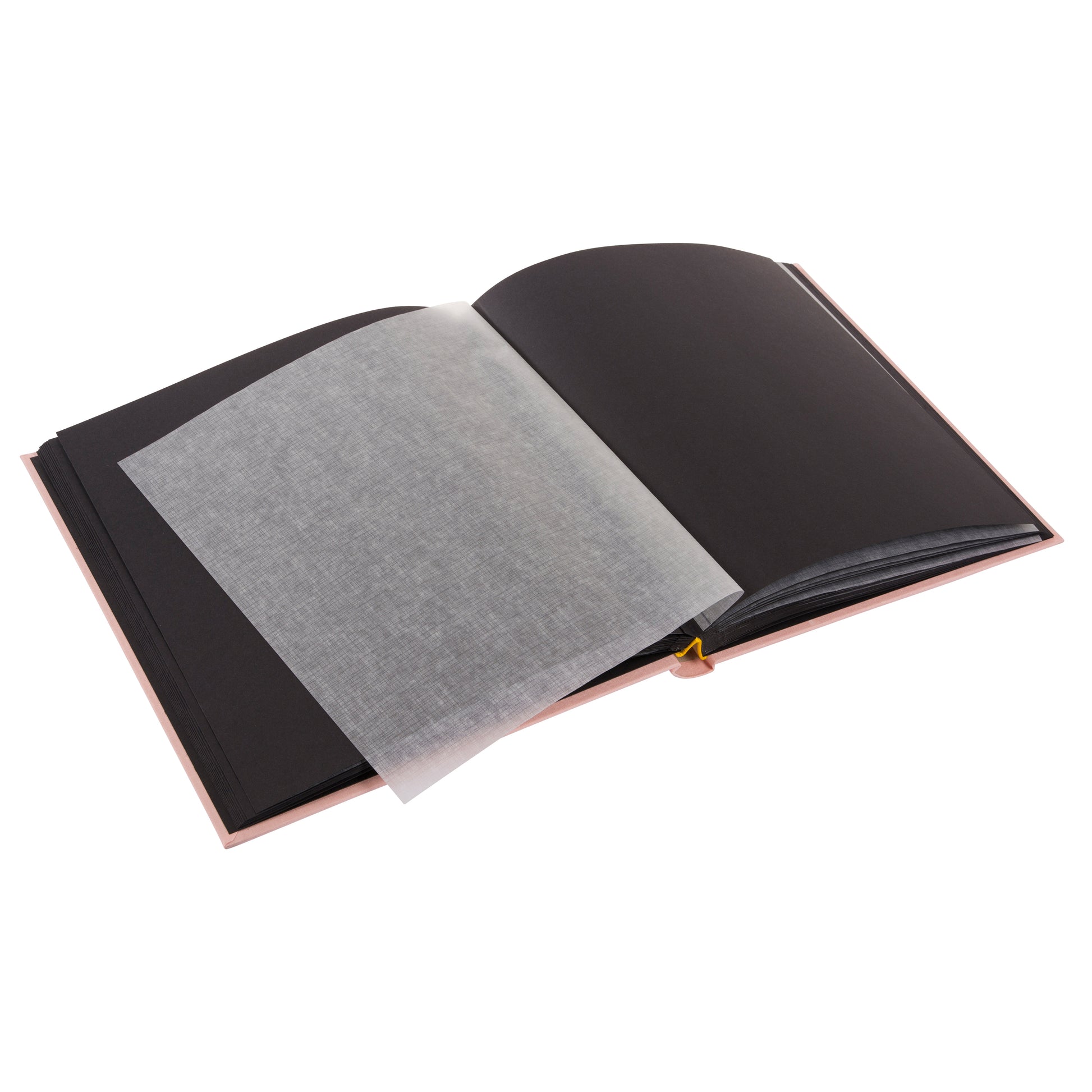 Rose Goldbuc, with photo album with black pages, with a small rectangular window displaying a scenic image.