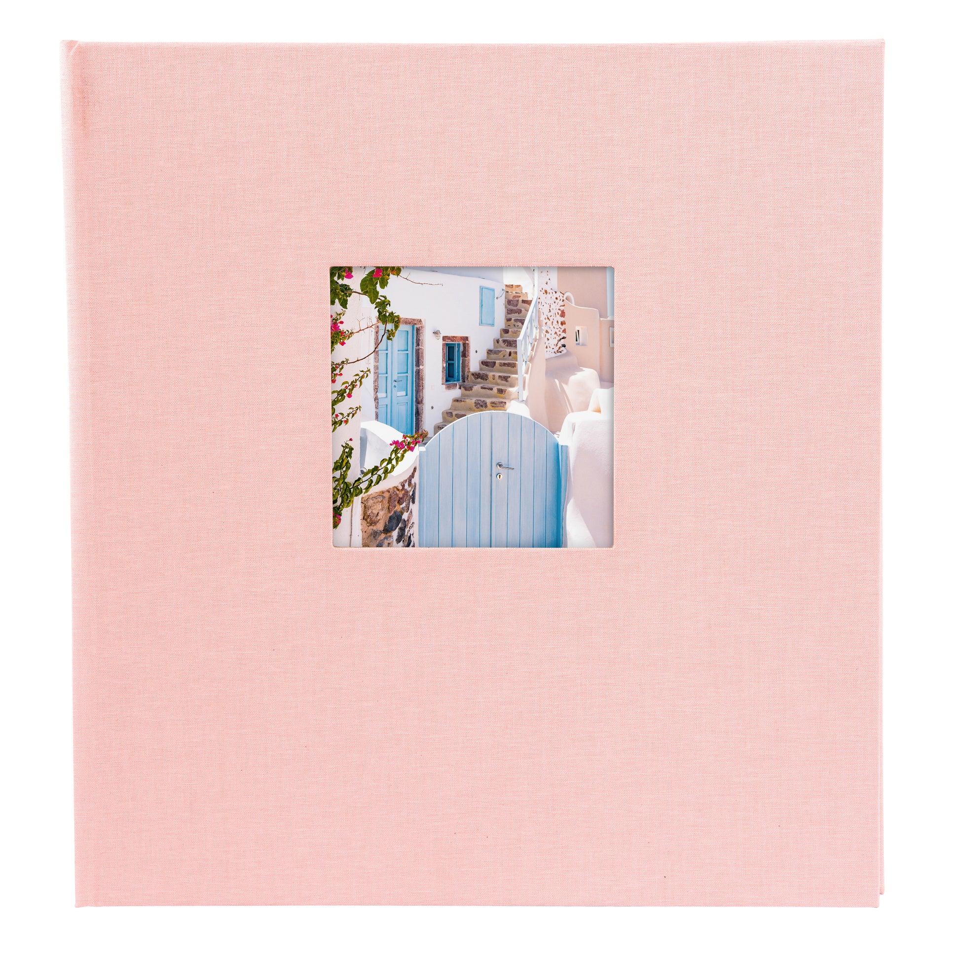 Rose Goldbuch photo album with a small rectangular window displaying a scenic image.