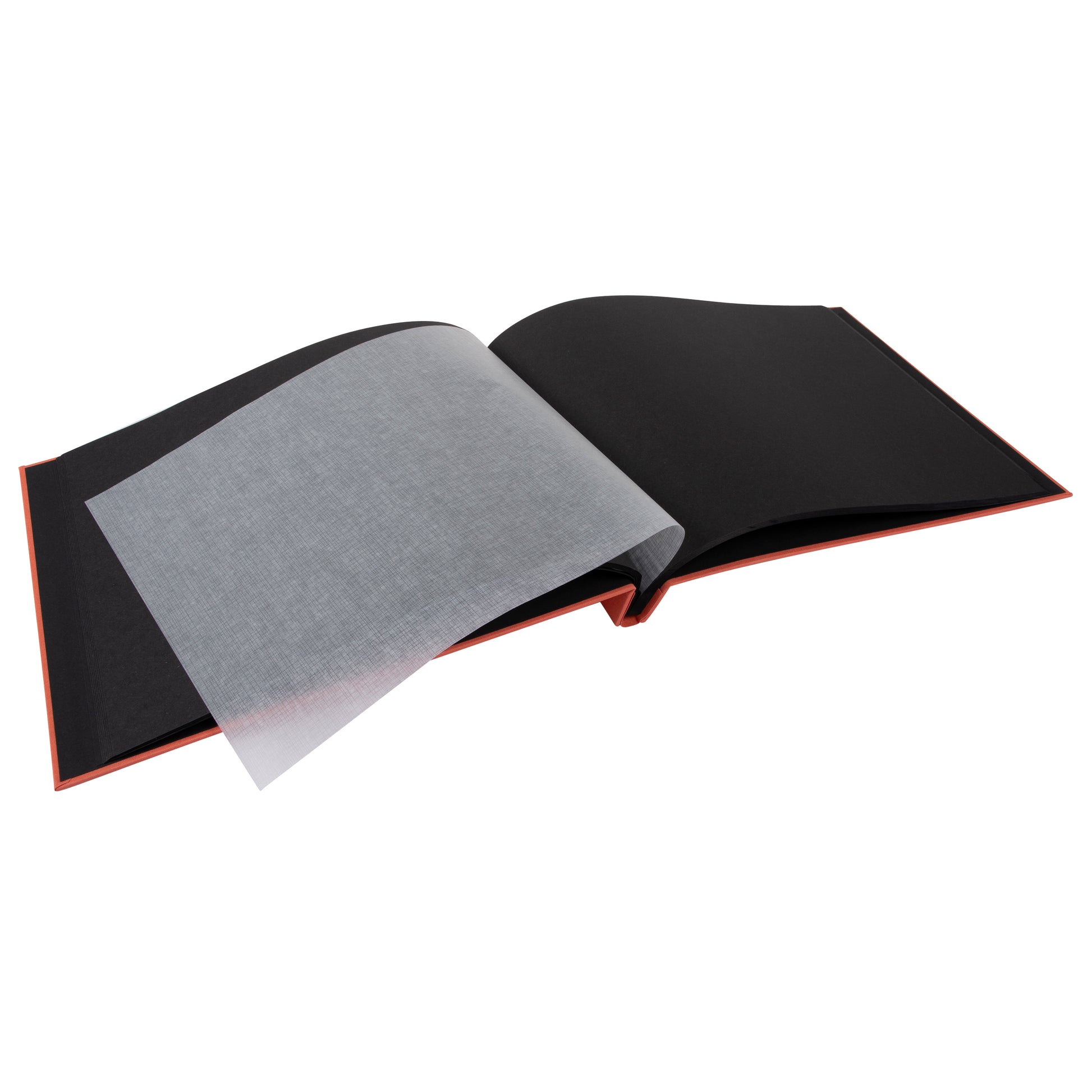A coral Goldbuch photo album with a woman walking on a deck, showcasing a serene waterfront scene.