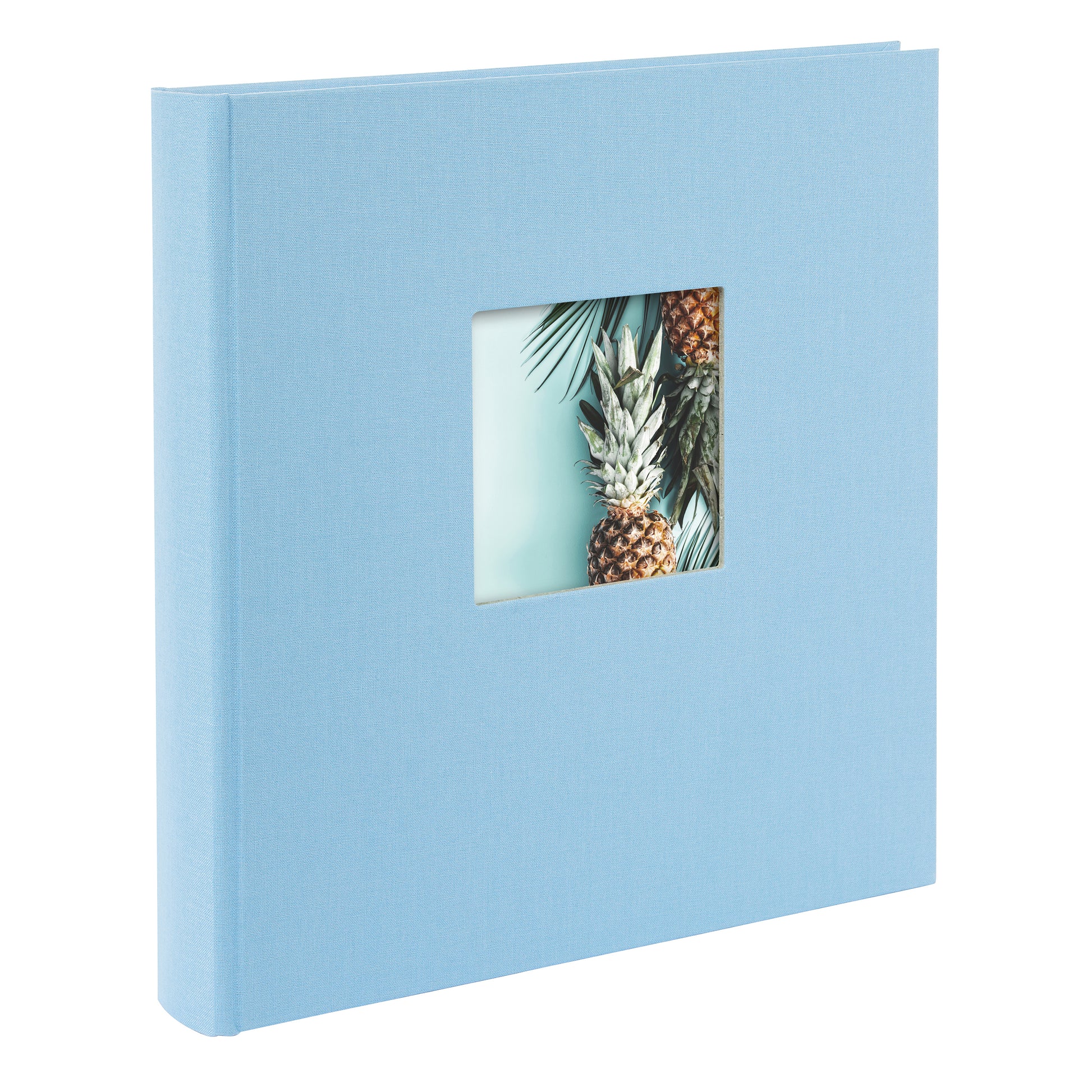 An elegant sky blue Goldbuch photo album with black pages, with a pineapple on its cover